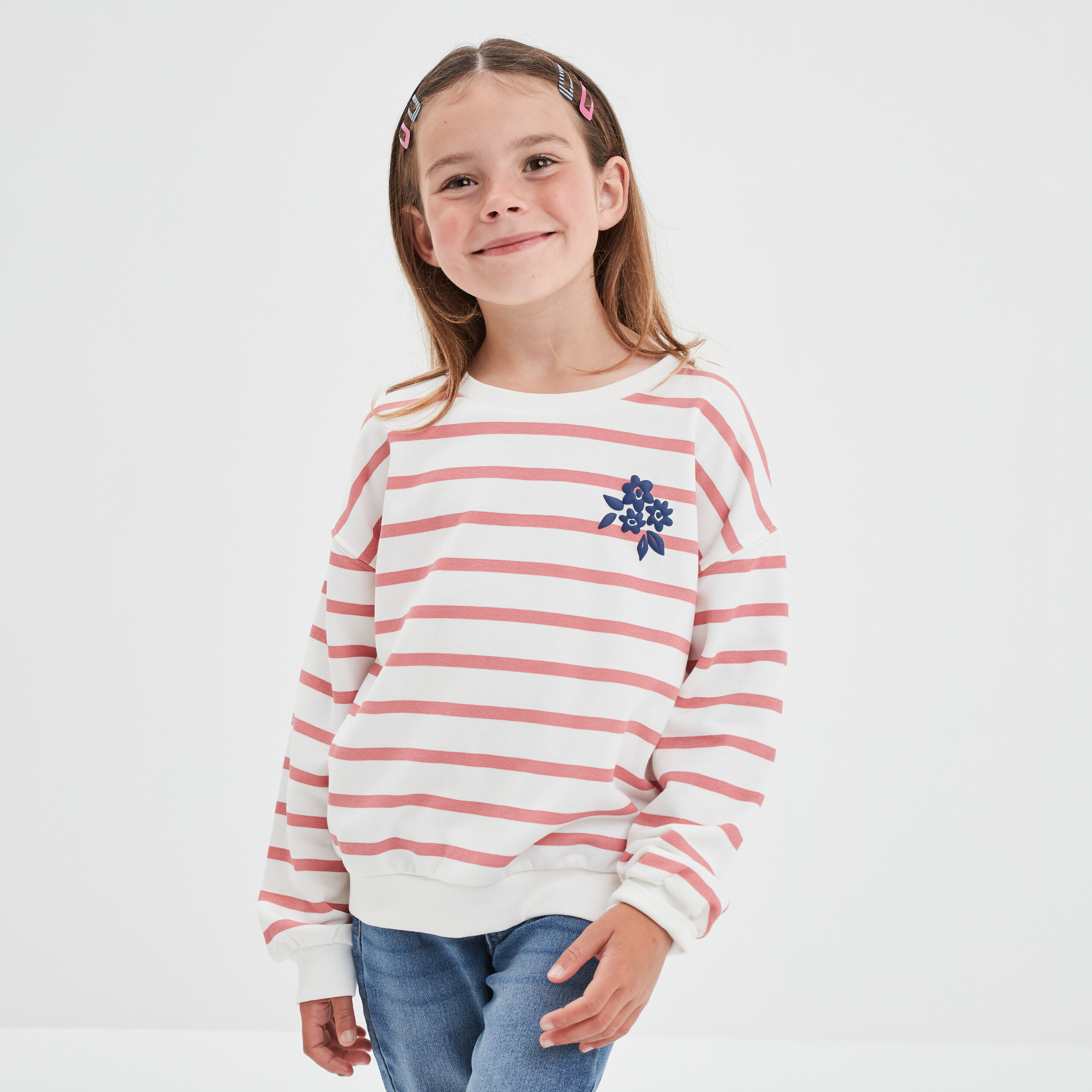 Sweat col rond manches longues blanc fille