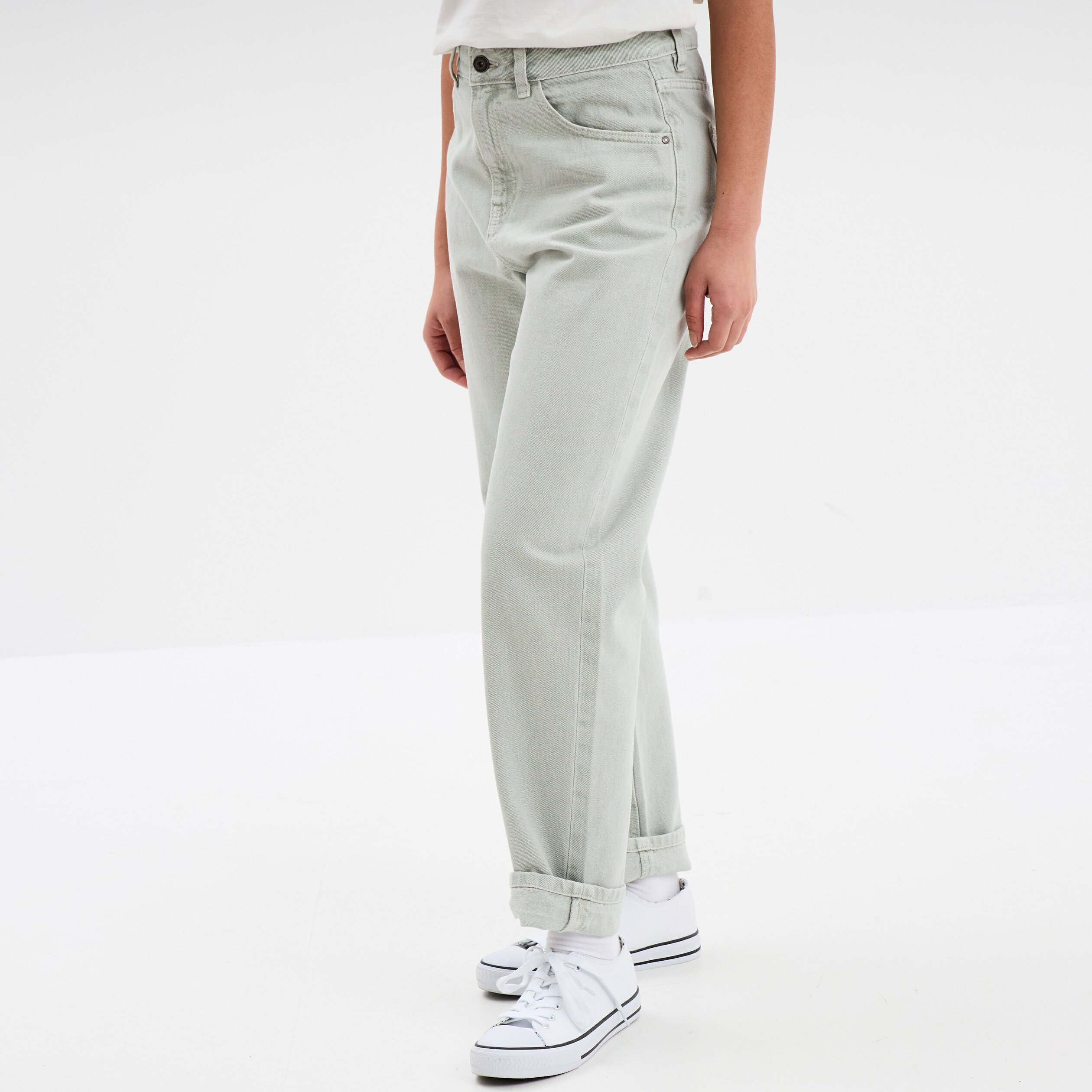 jeans mom taille haute coton vert pastel femme Jeans mom taille haute coton vert pastel femme