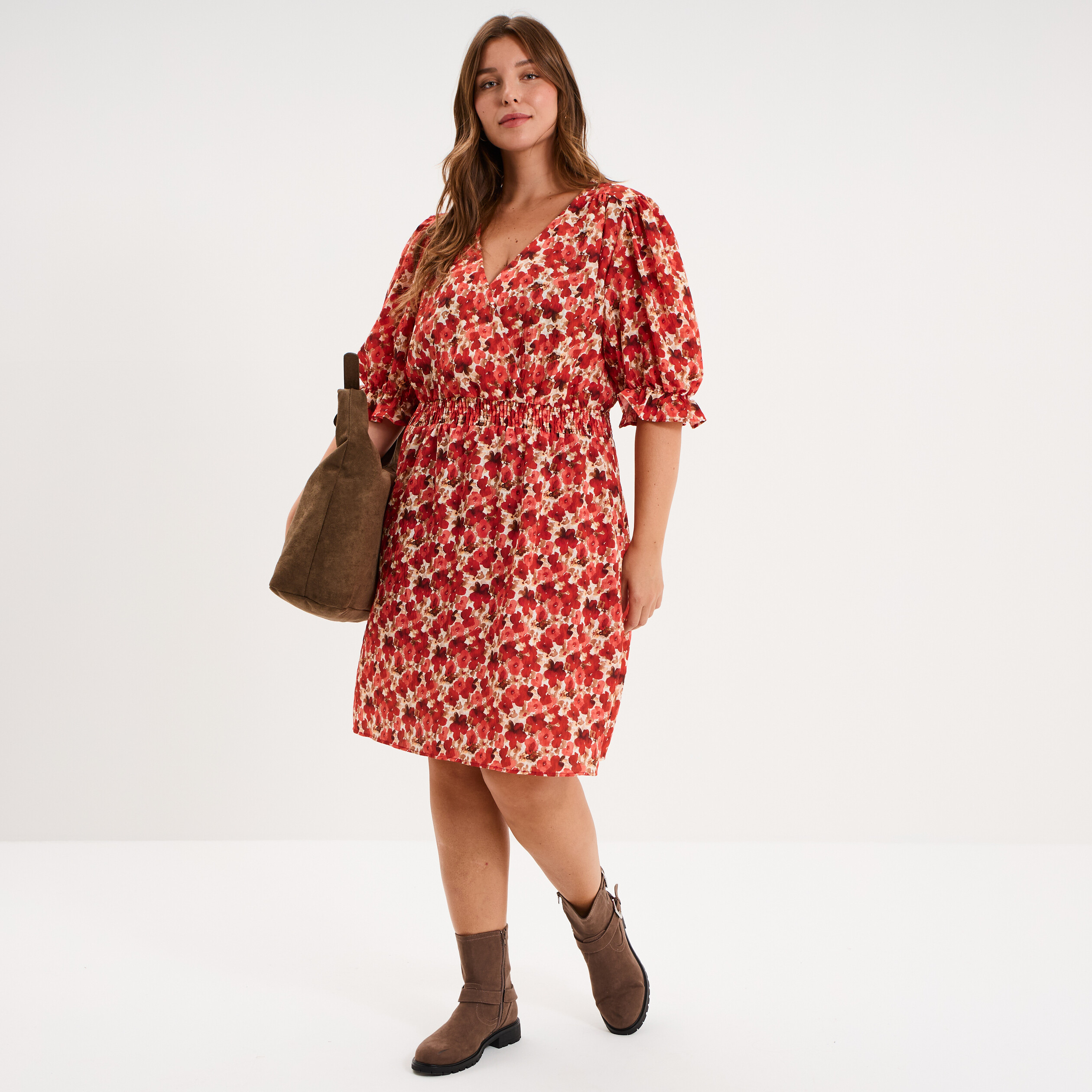 Robe smock&eacute;e manches ballons rouge coquelicot femme grande taille