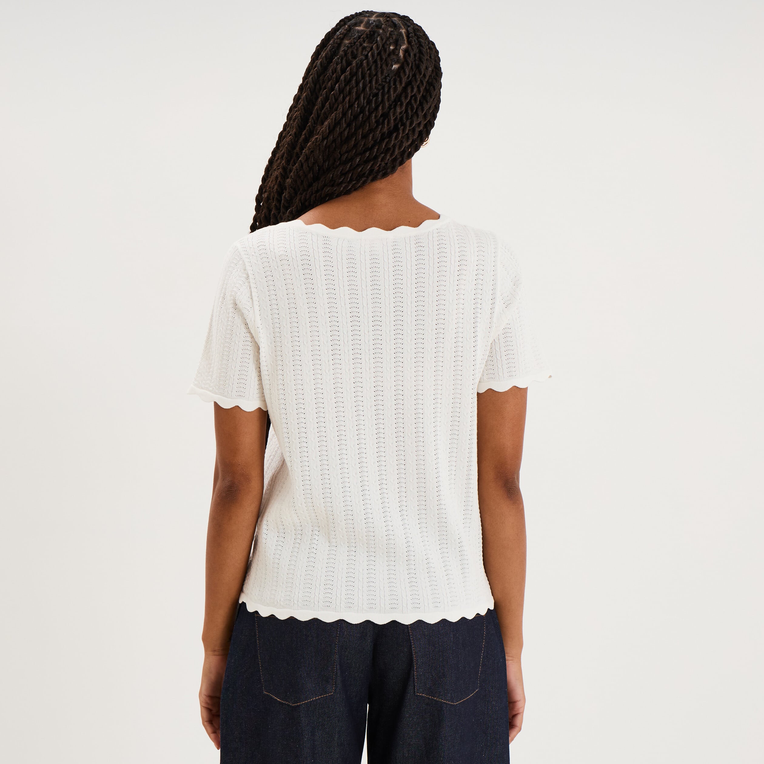 Pull col rond textur&eacute; manches courtes blanc femme