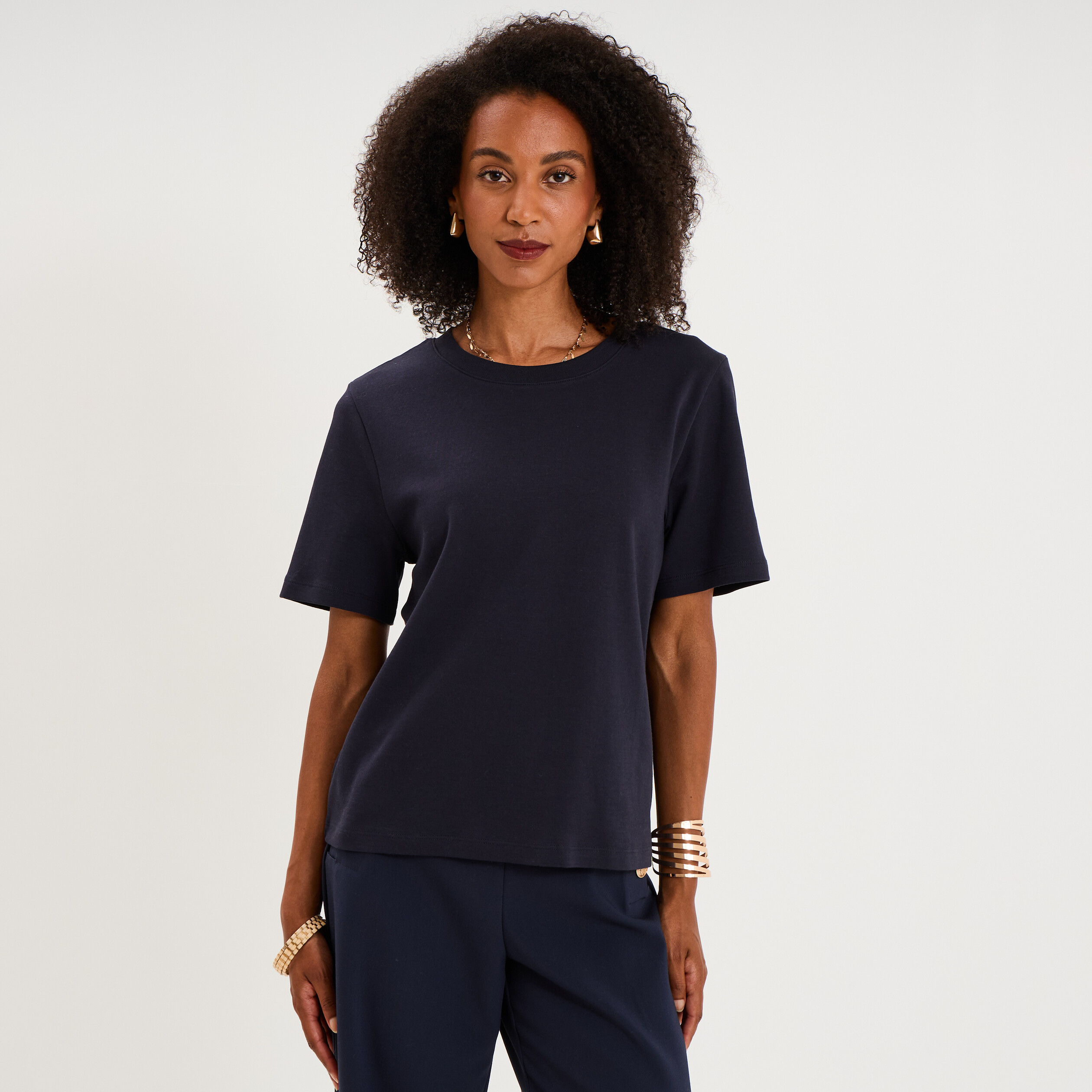 T-shirt manches courtes col rond coton bleu fonc&eacute; femme