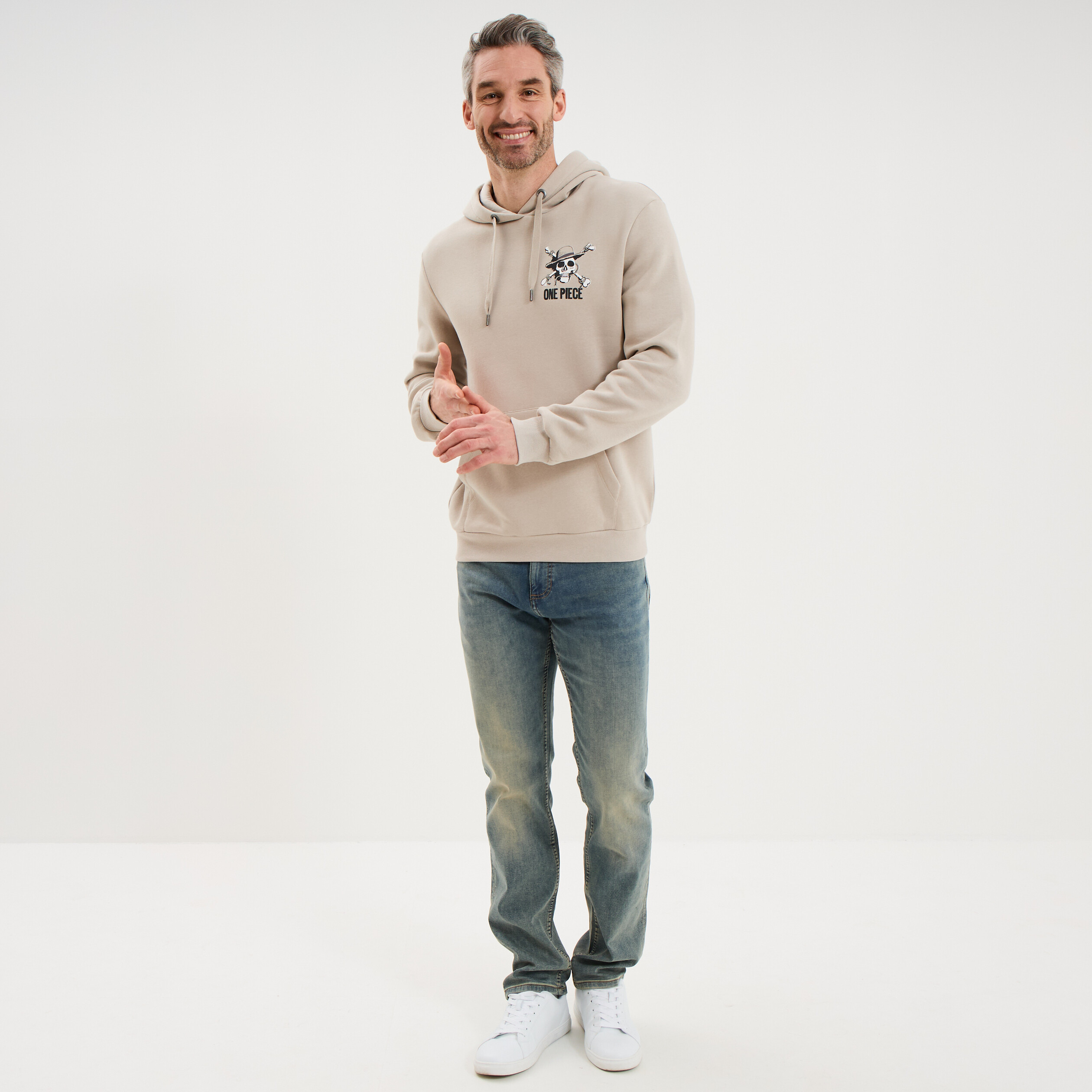 Sweat hoodie molleton 1 poche One Piece gris clair homme