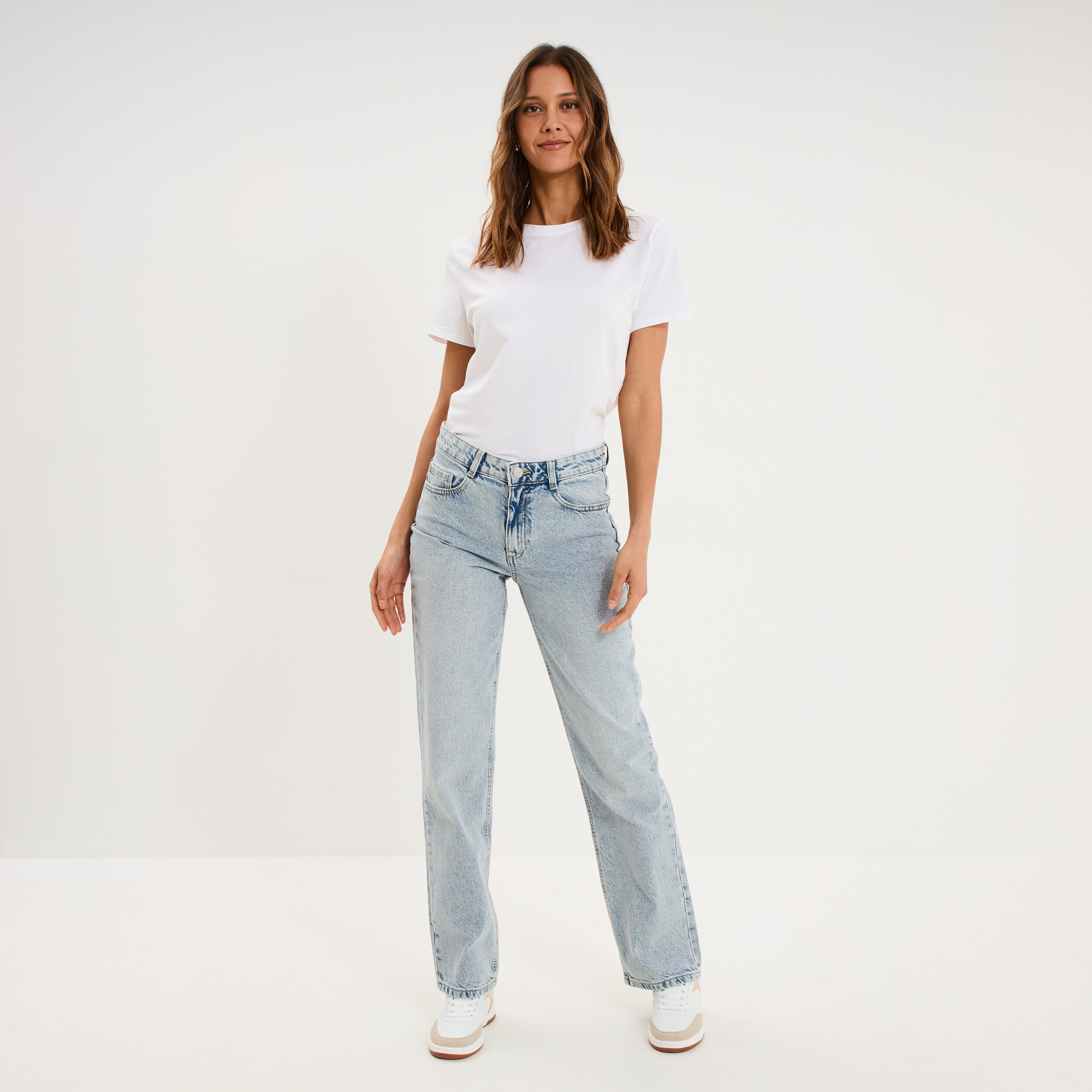 Jean droit taille basse coton denim triple stone femme