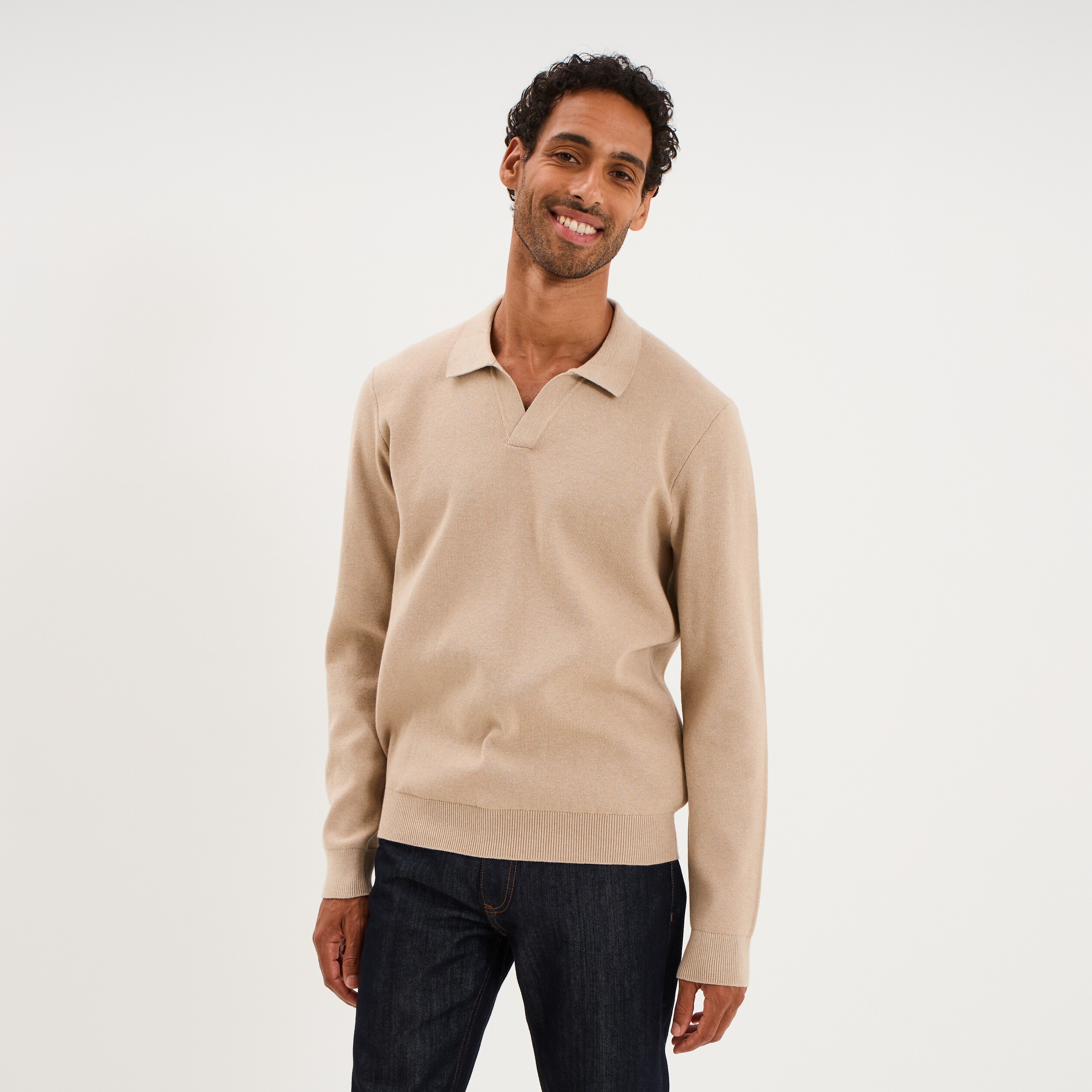 Pull col polo manches longues beige homme