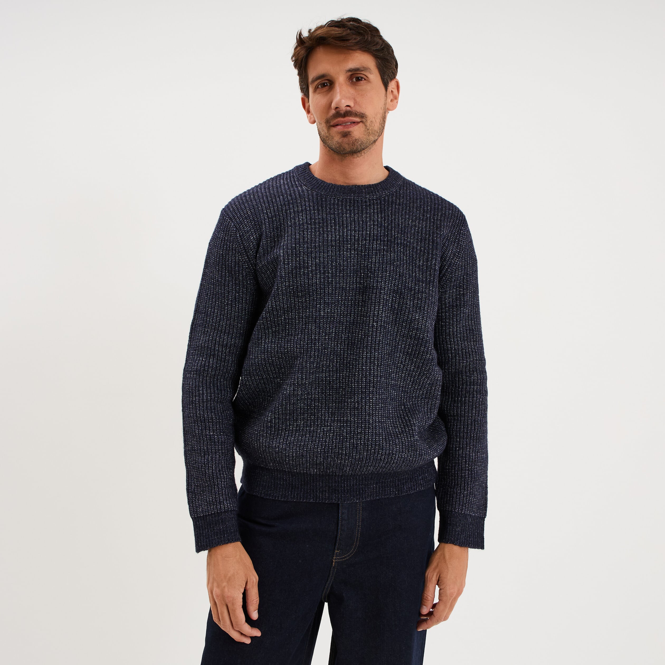 Pull col rond &agrave; manches longues bleu fonc&eacute; homme