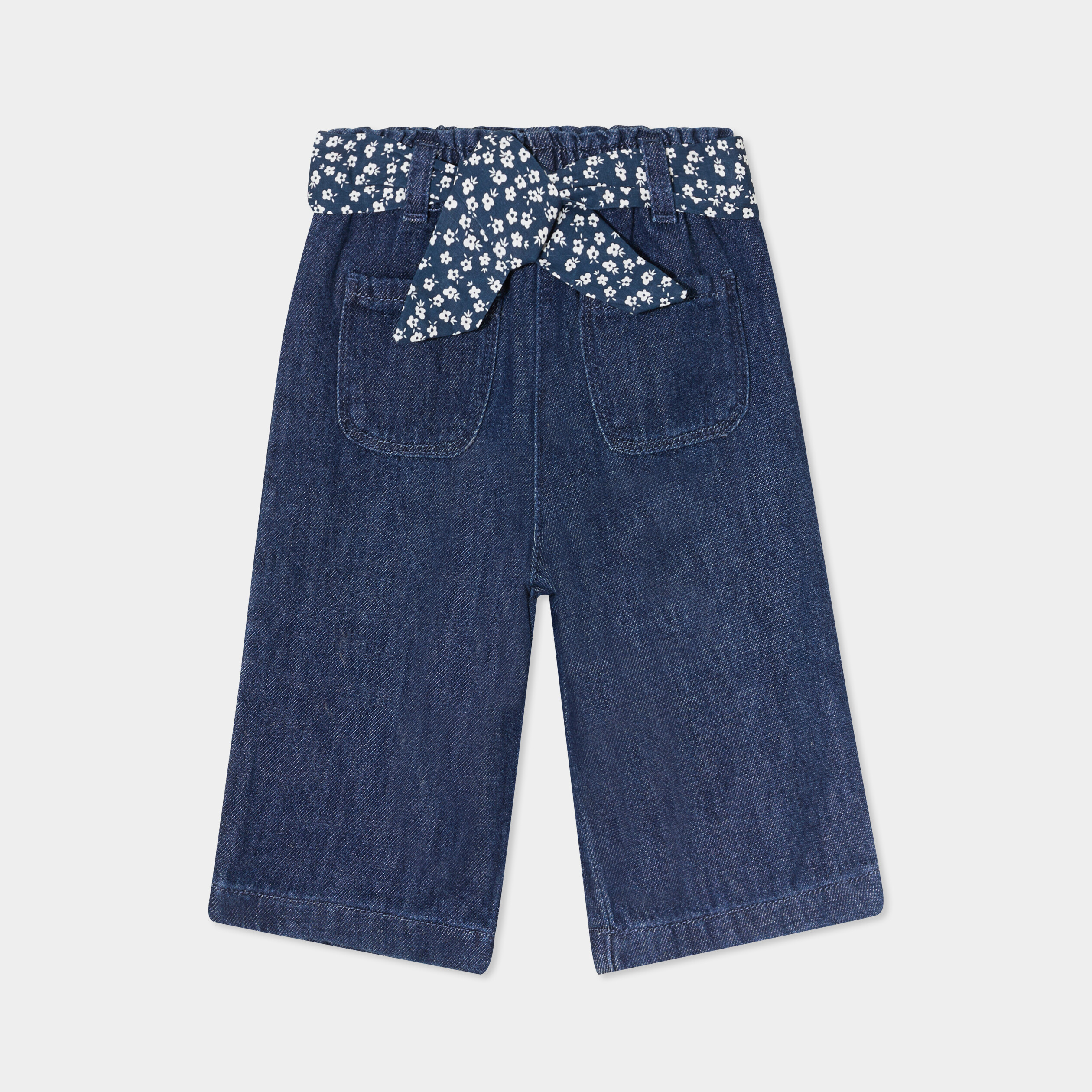 jeans large ceinture foulard coton bleu bebef Jeans large ceinture foulard coton bleu bébé fille