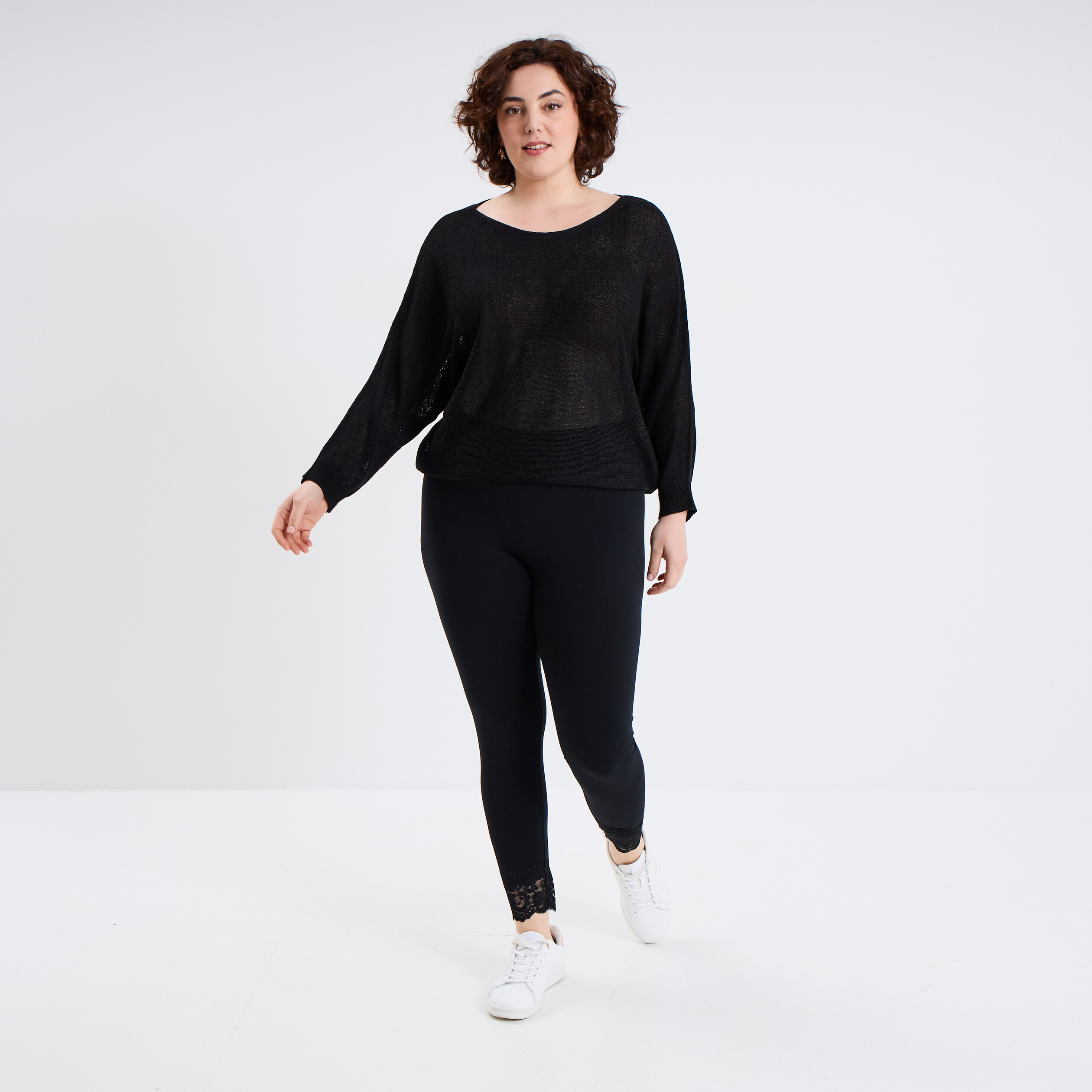 Legging cheville dentelle coton noir femme grande taille