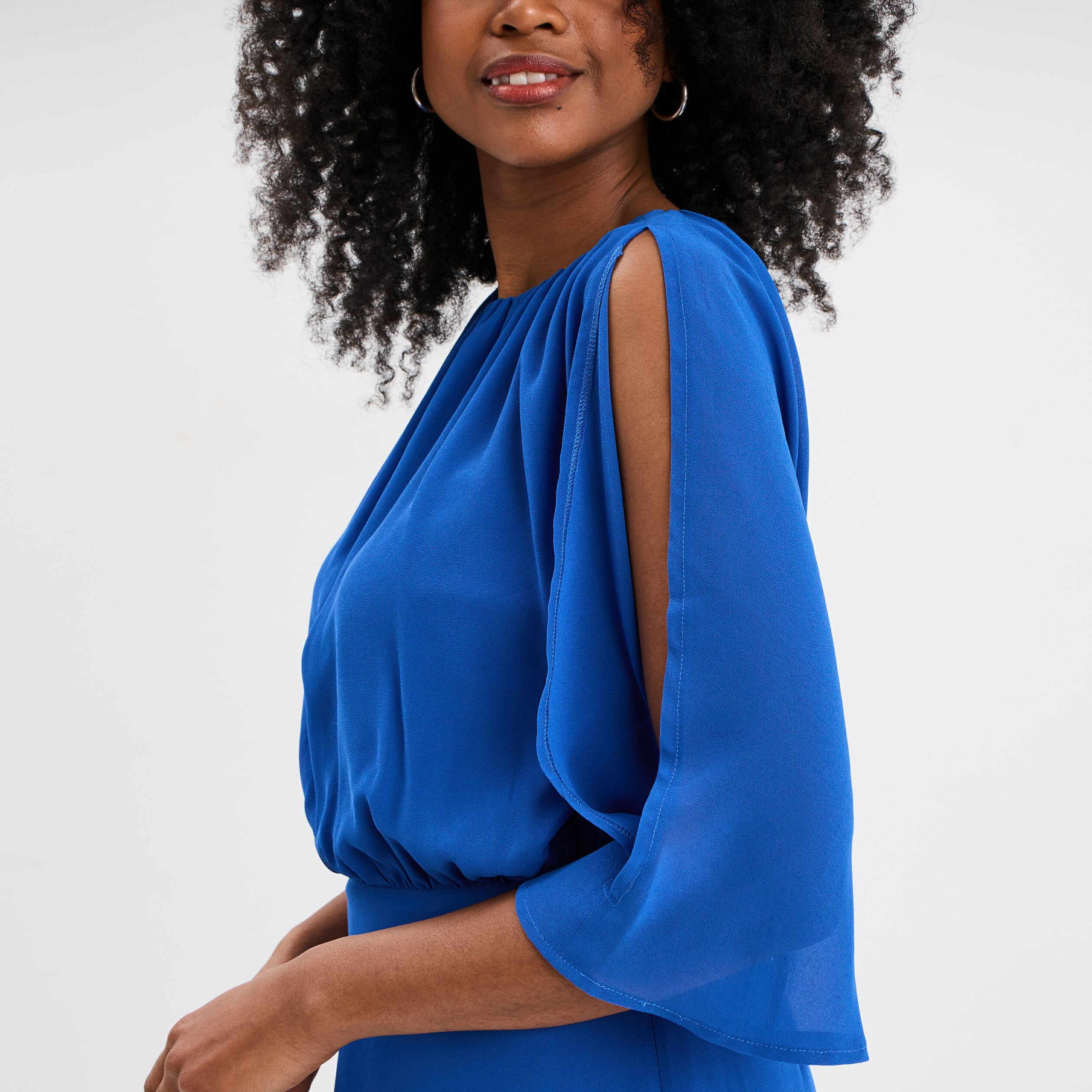 Robe longue manches 3/4 fendues bleu roi femme
