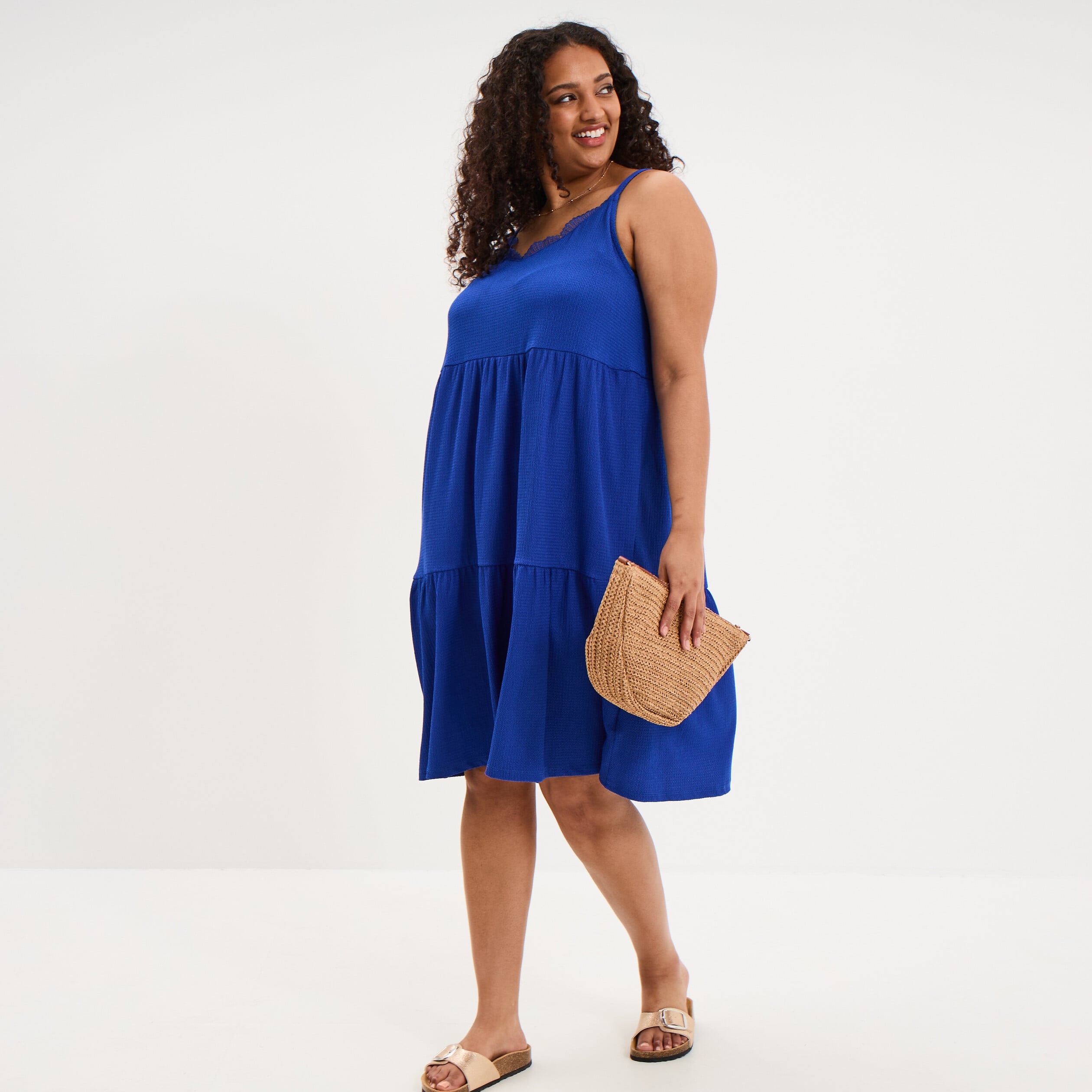 Robe bretelles &agrave; volants longueur genou bleu electrique femme grande taille