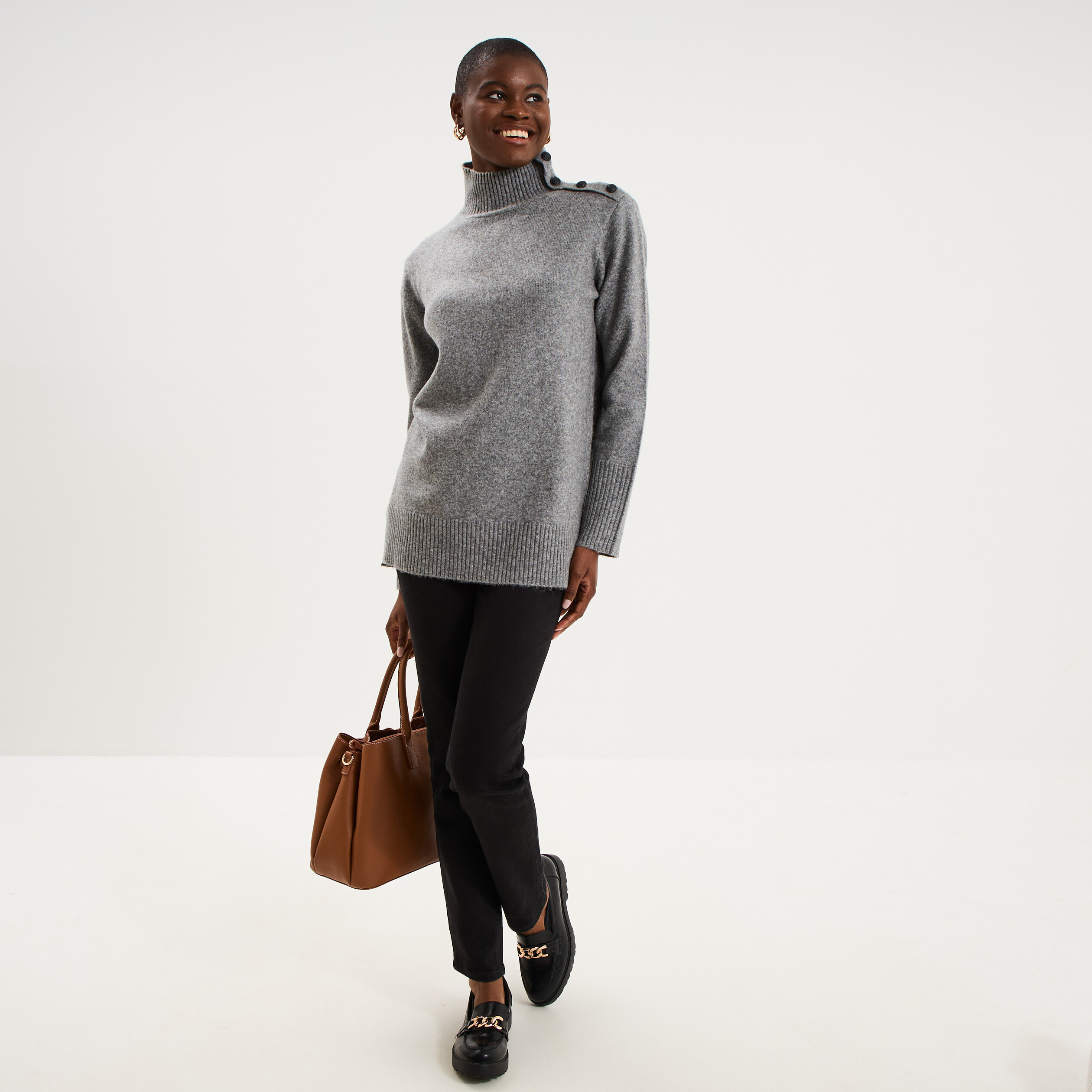 Pull col montant &agrave; boutons gris femme