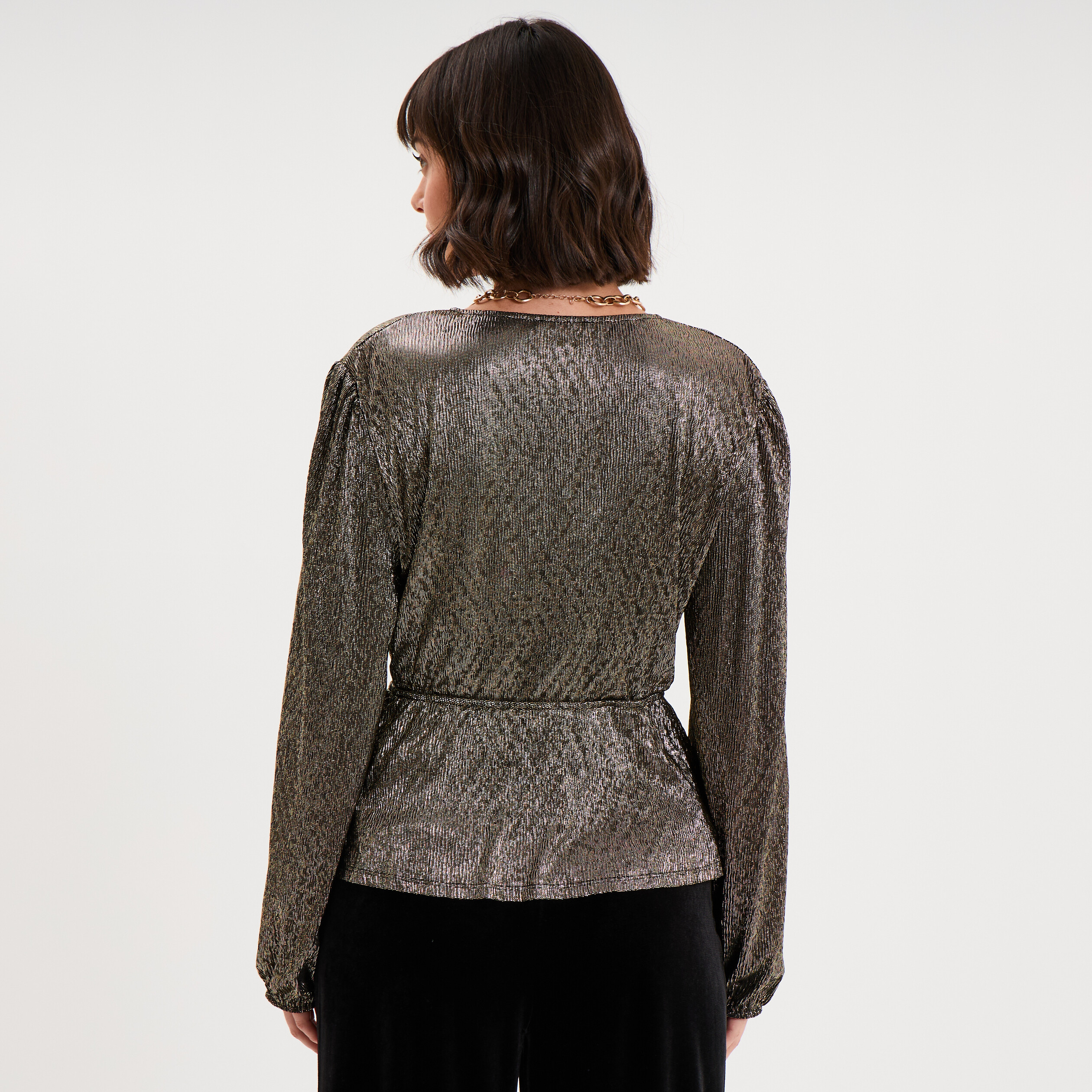 Blouse cache-coeur manches longues jaune or femme