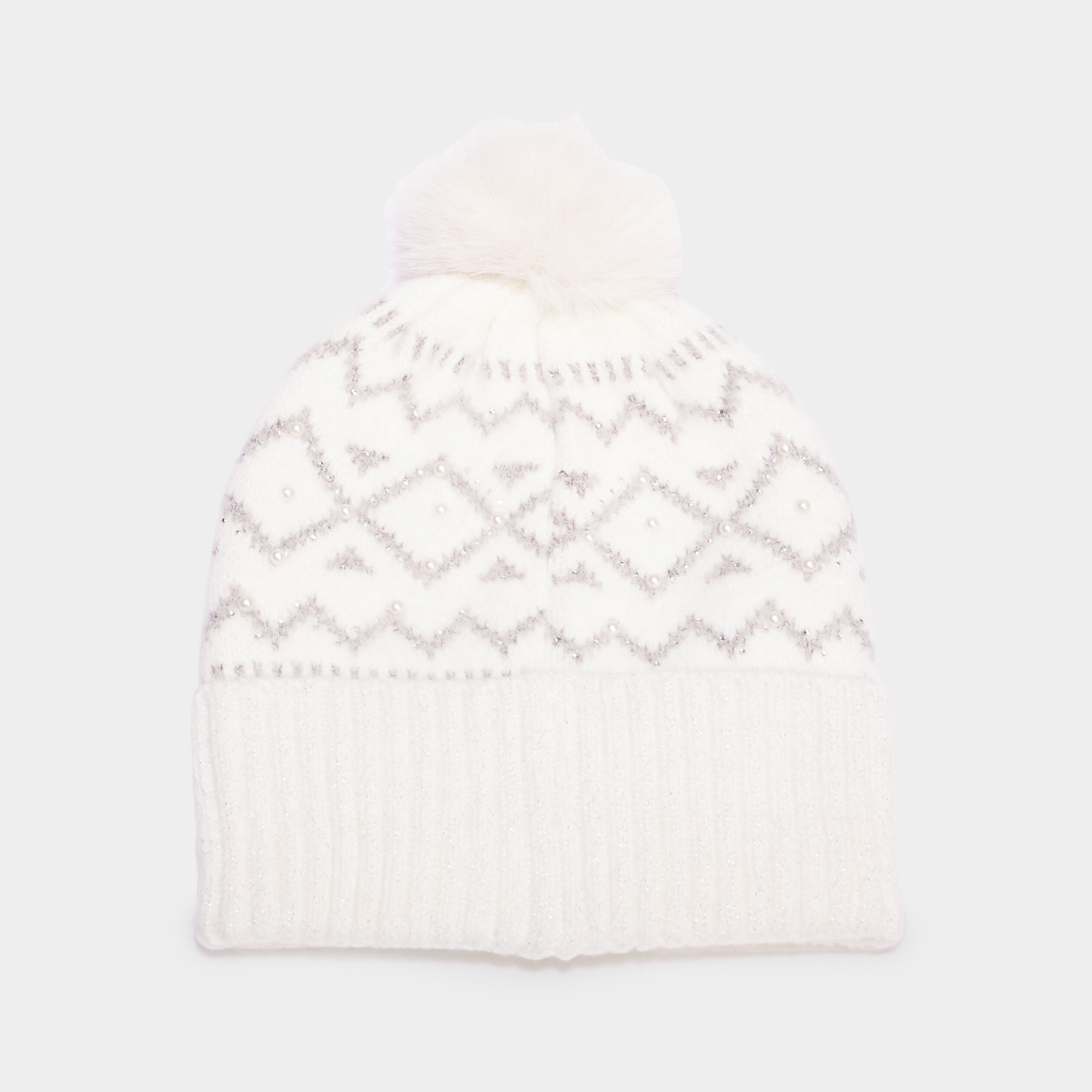 Bonnet avec pompon ivoire femme