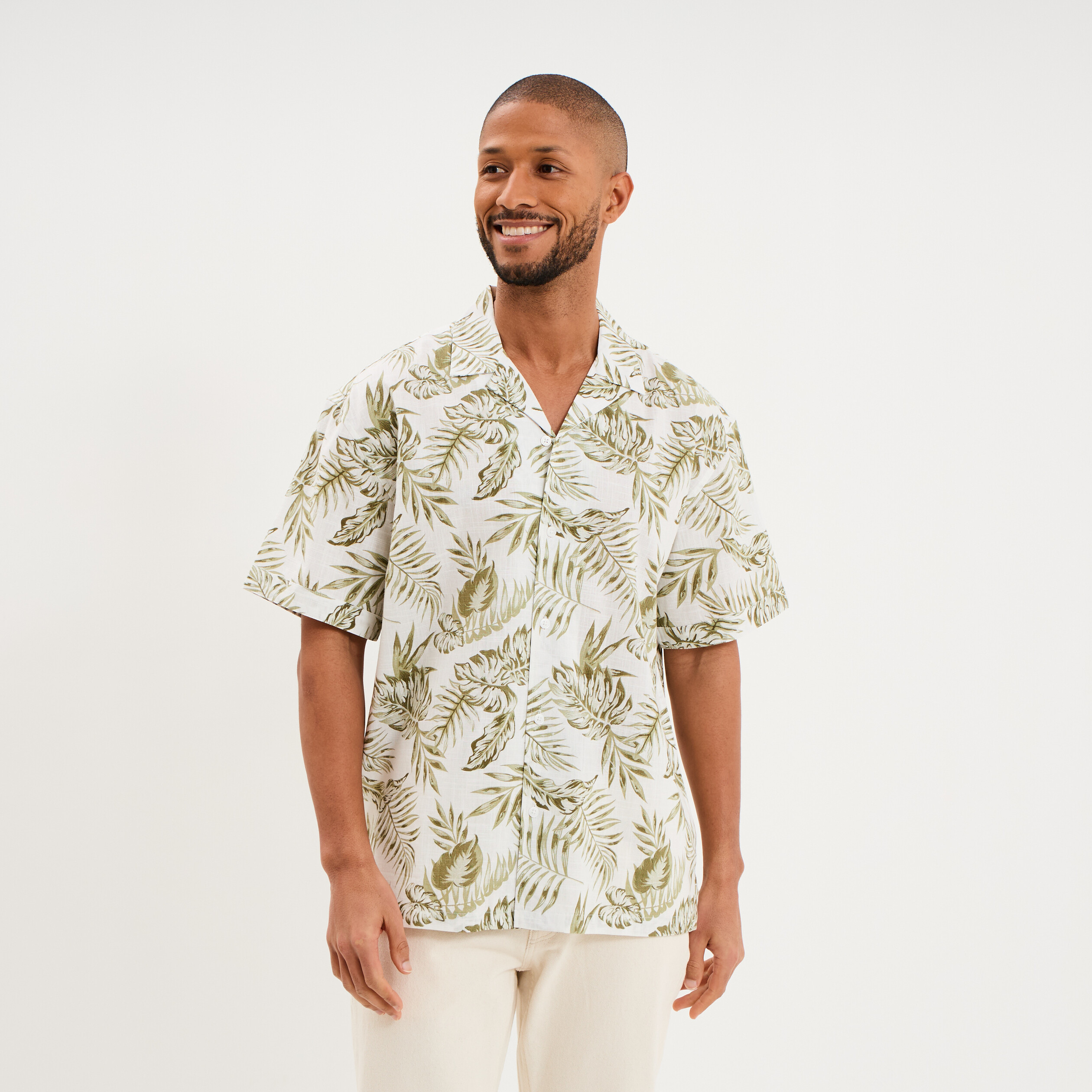Chemise en coton manches courtes vert olive homme