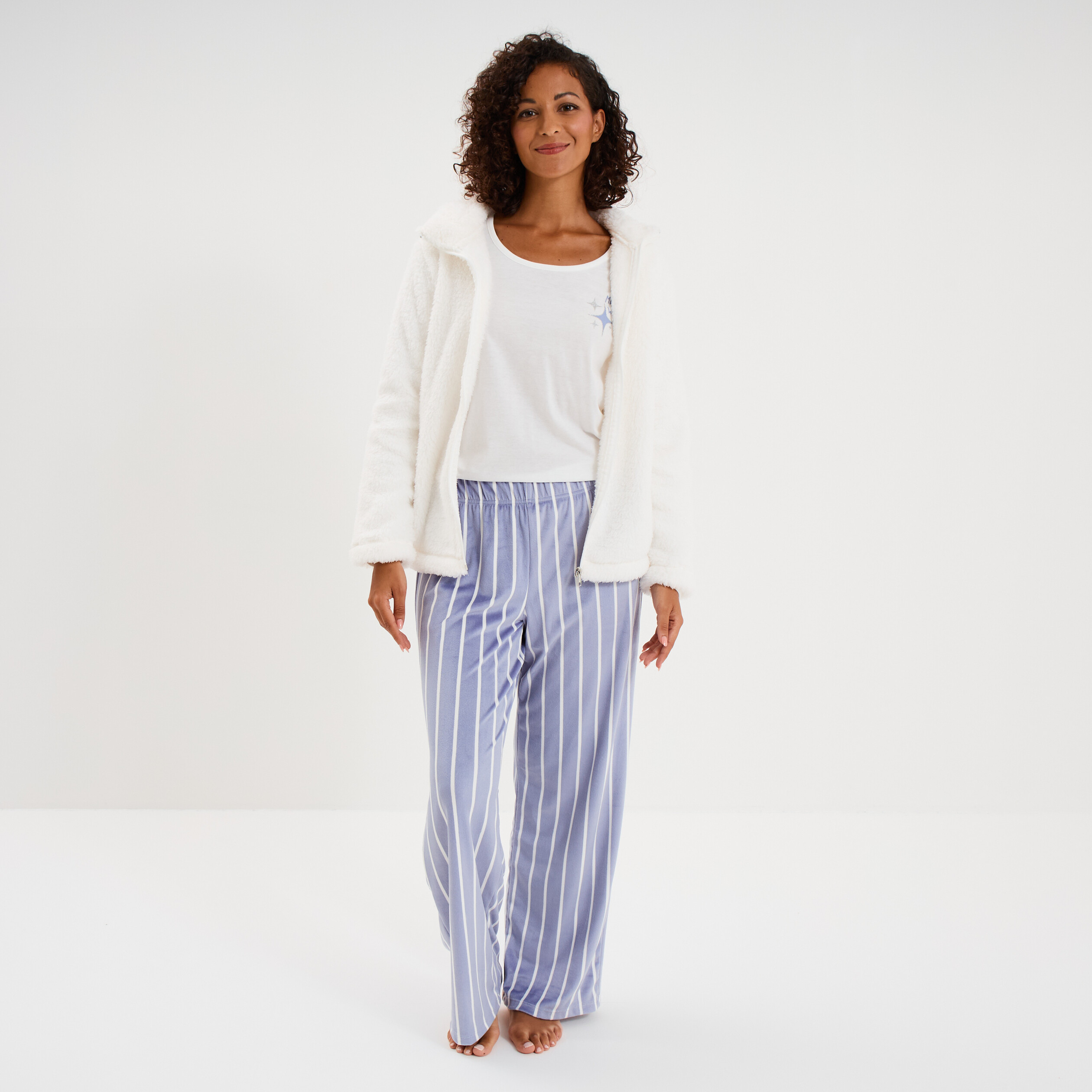 Ensemble pyjama 3 pi&egrave;ces effet polaire bleu ciel femme