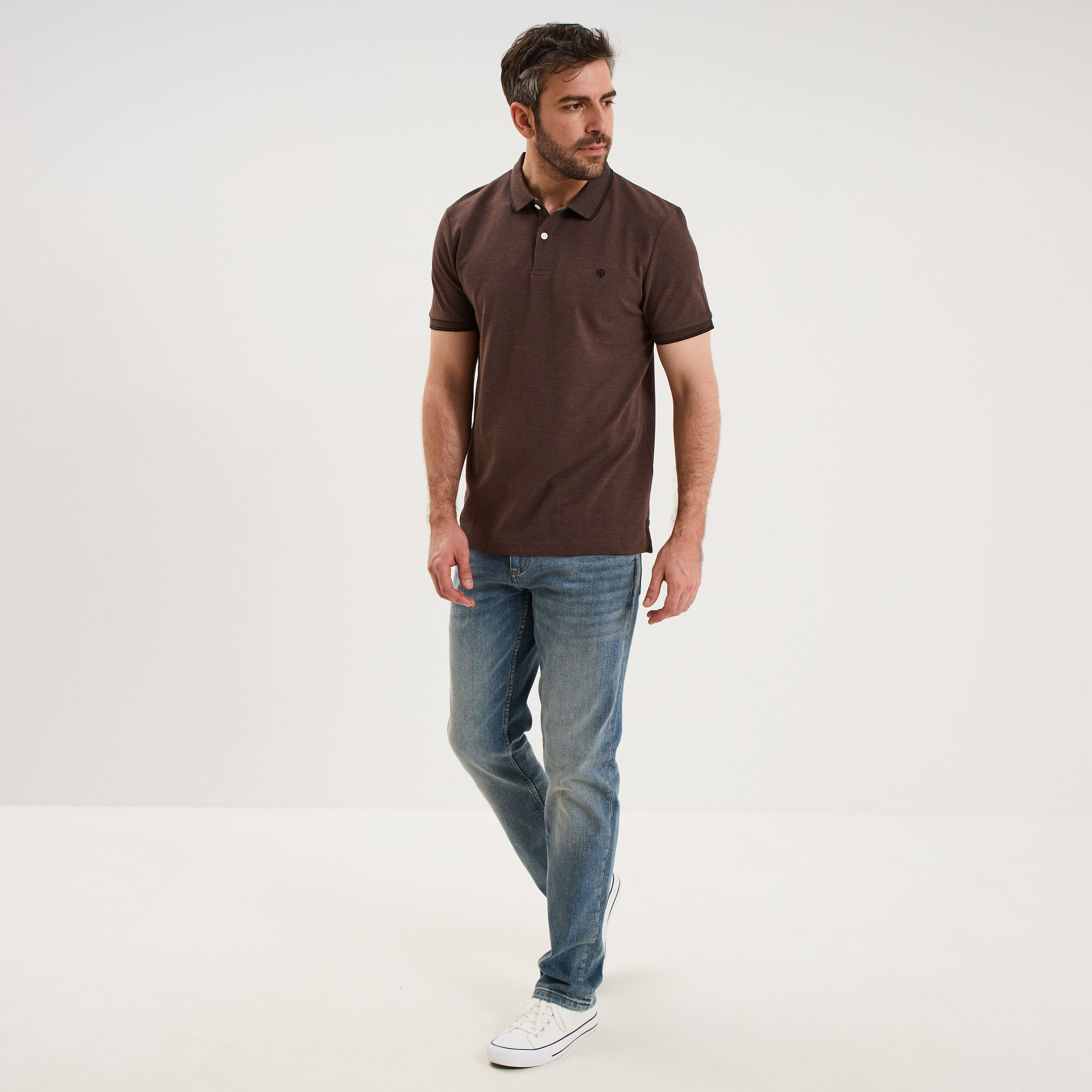 Polo piqu&eacute; coton manches courtes marron chocolat homme