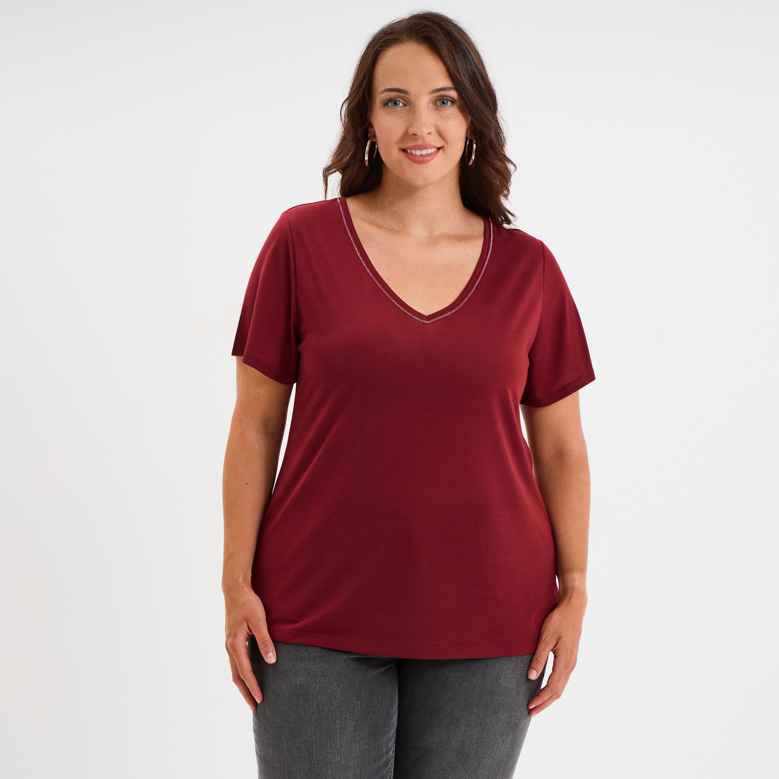 t shirt manches courtes col v bordeaux femmegt T-shirt manches courtes col V bordeaux femme grande taille