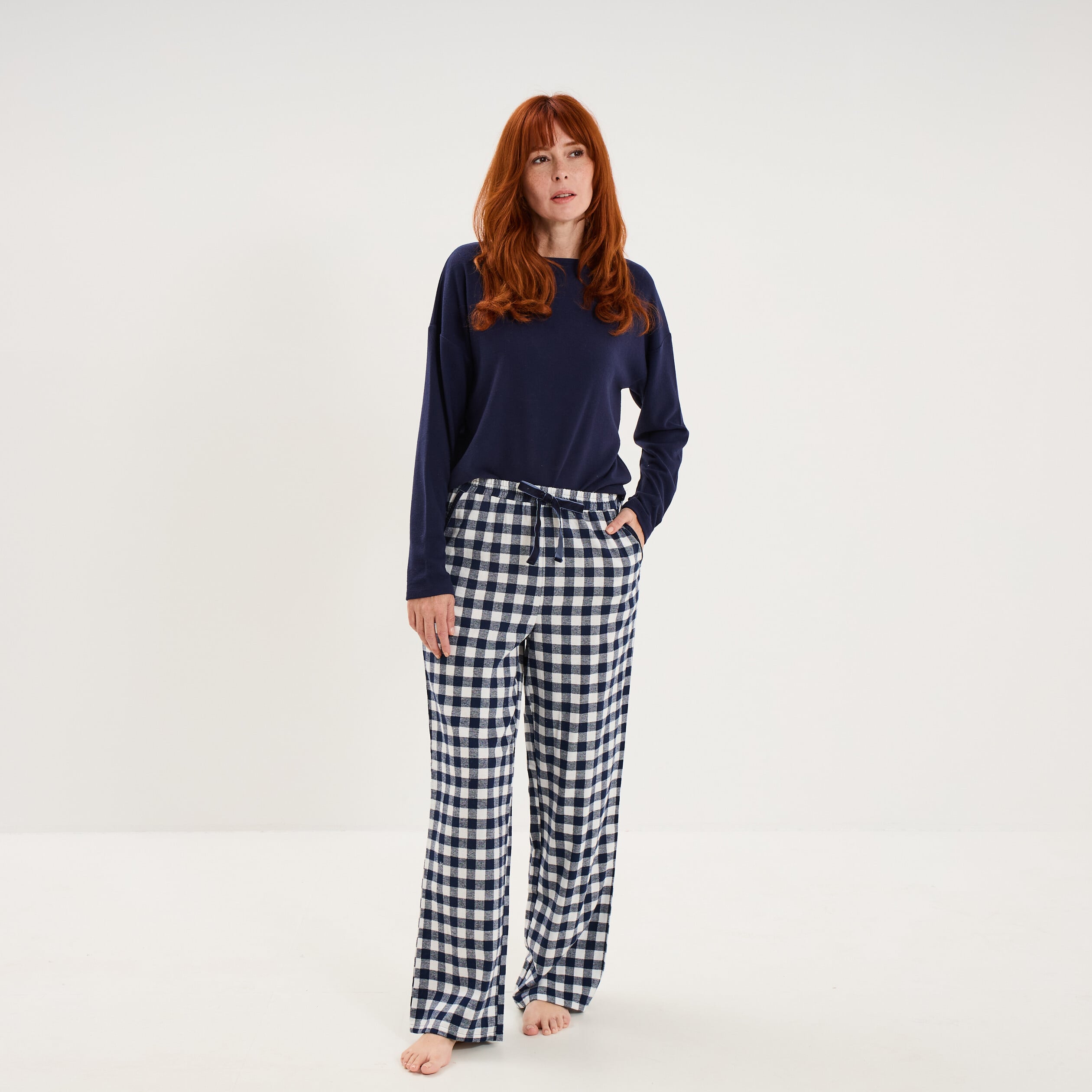 Pyjama pantalon manches longues bleu marine femme