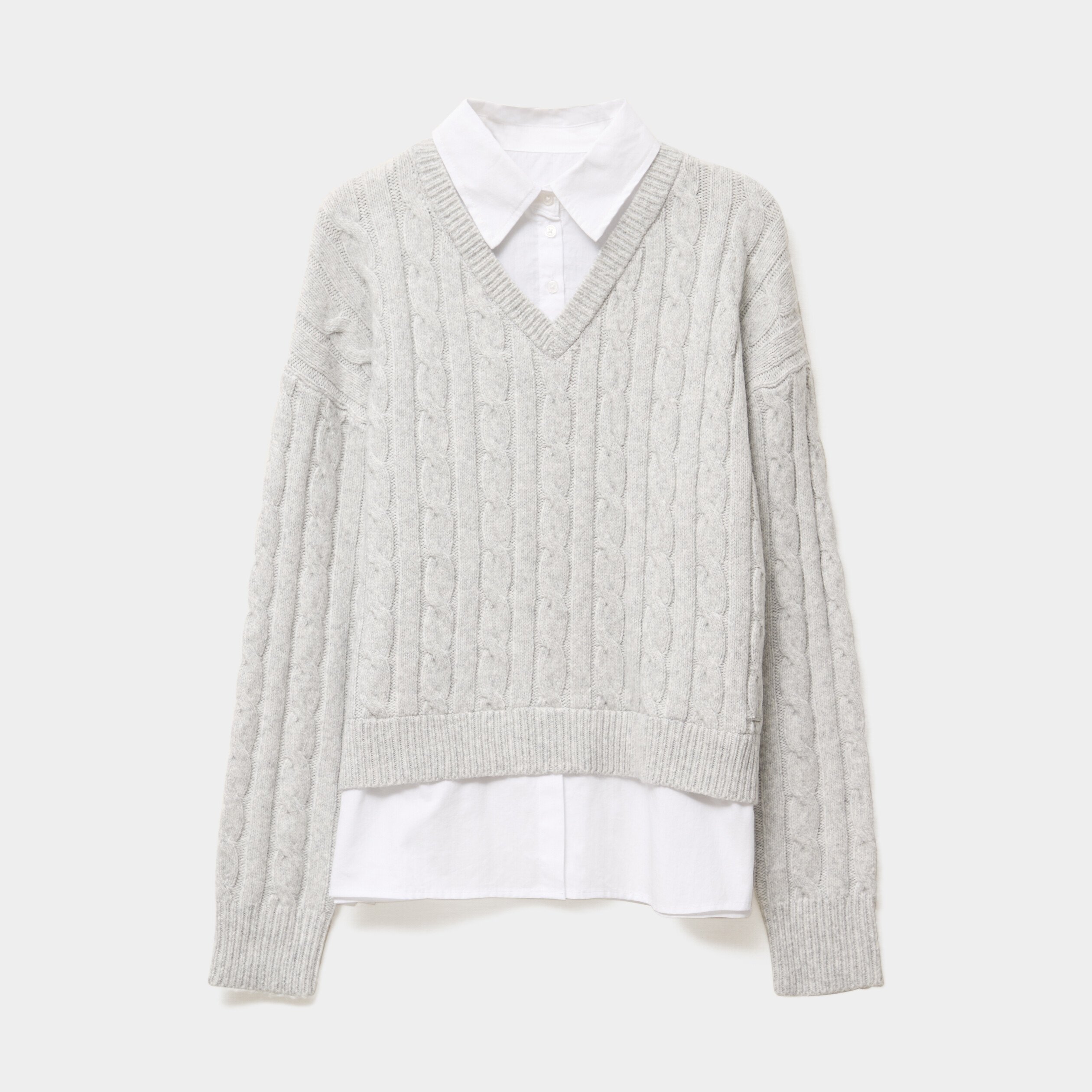 Pull torsades effet 2-en-1 chemise gris clair femme