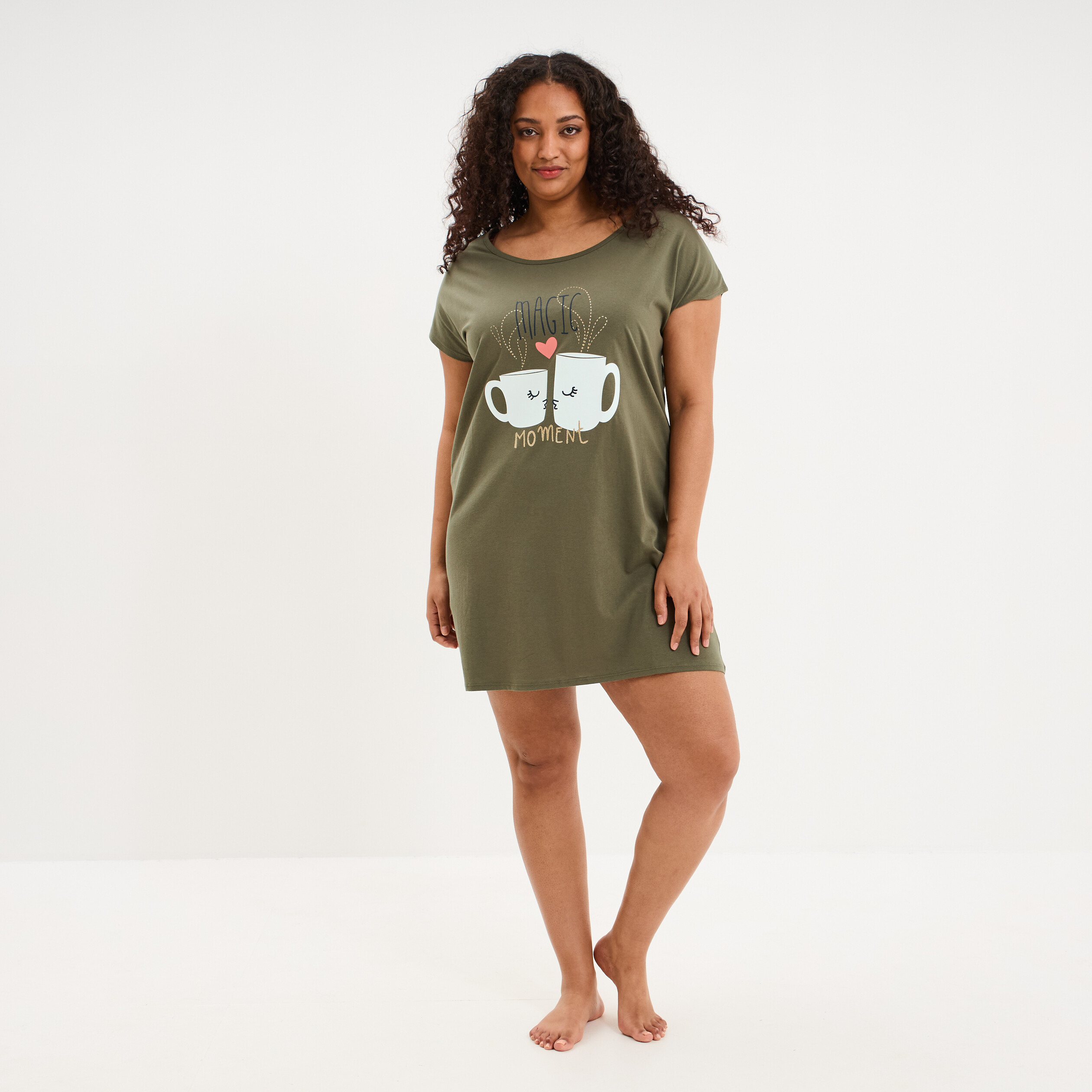 Chemise de nuit courte col rond coton vert kaki femme grande taille
