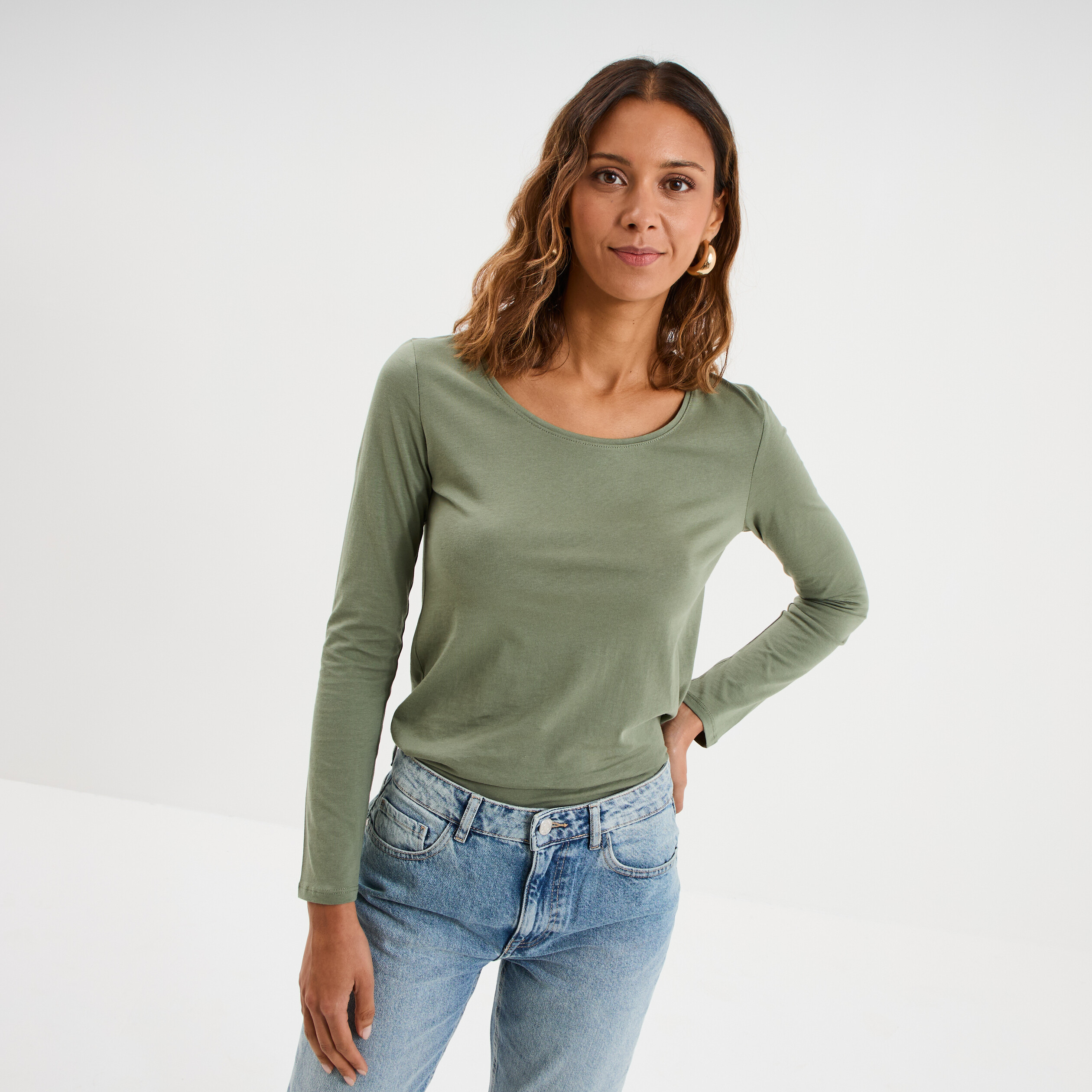 T-shirt coton col rond manches longues vert kaki femme