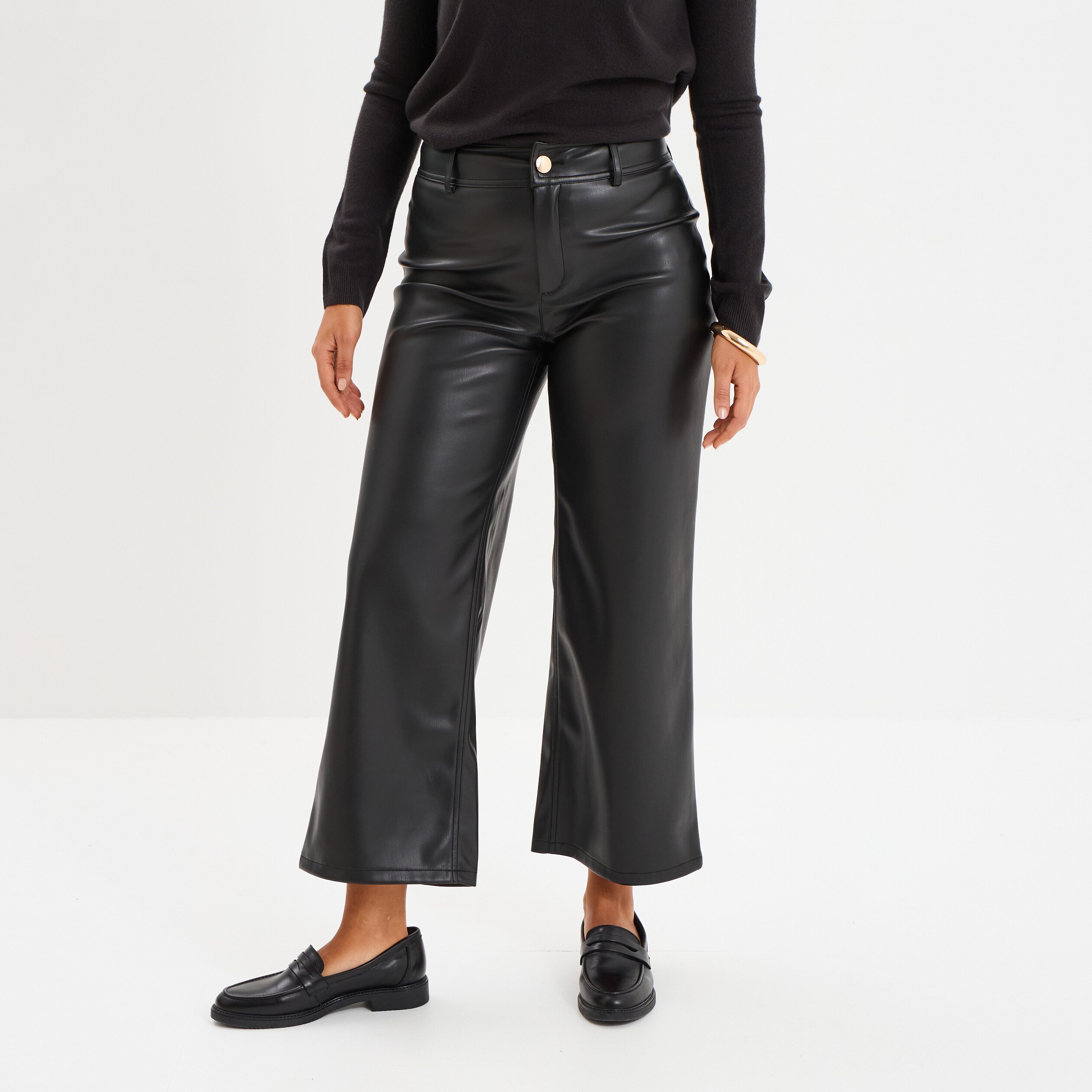 pantalon simili cuir 78eme large noir femme Pantalon simili cuir 7/8ème large noir femme
