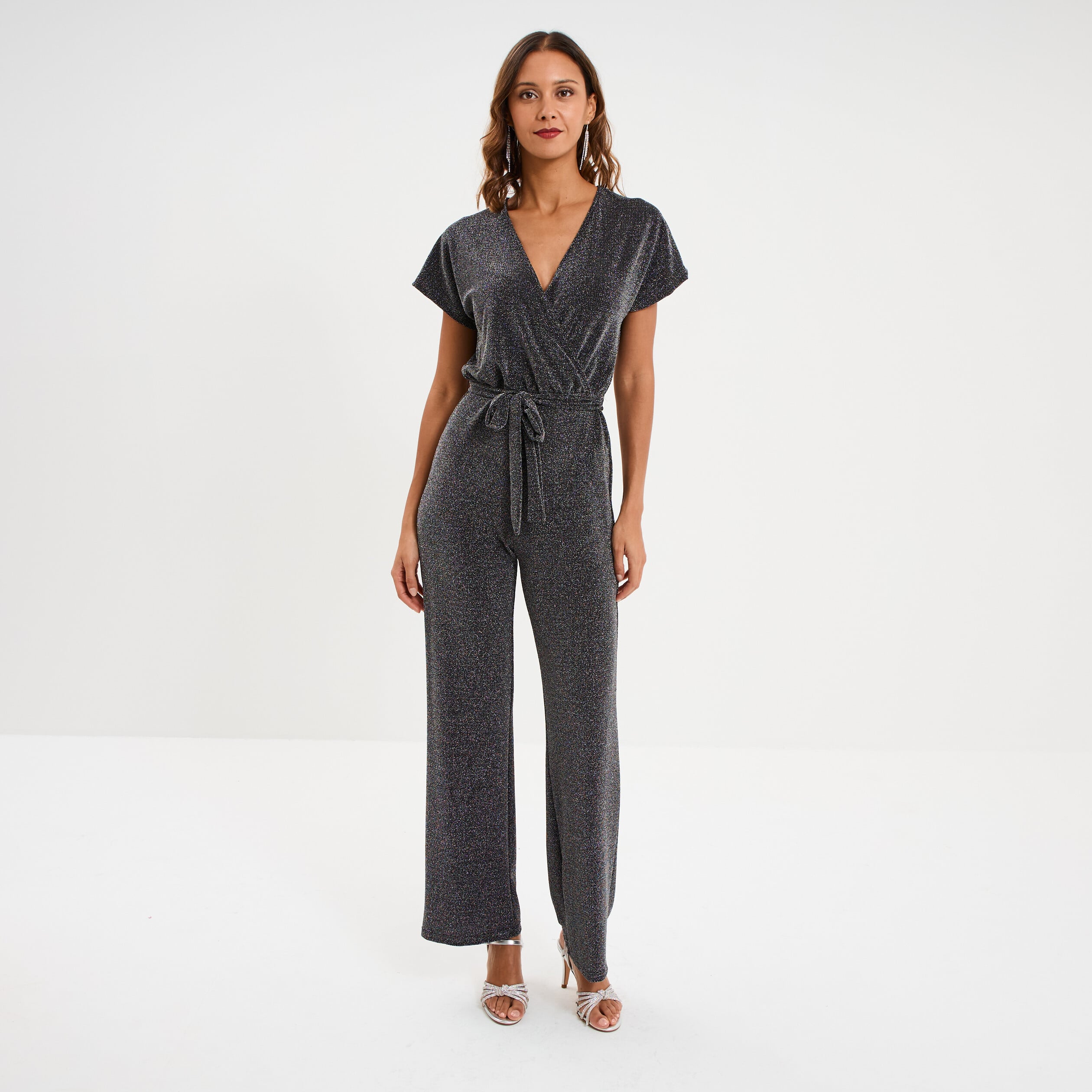 Combinaison pantalon paillettes gris argent femme
