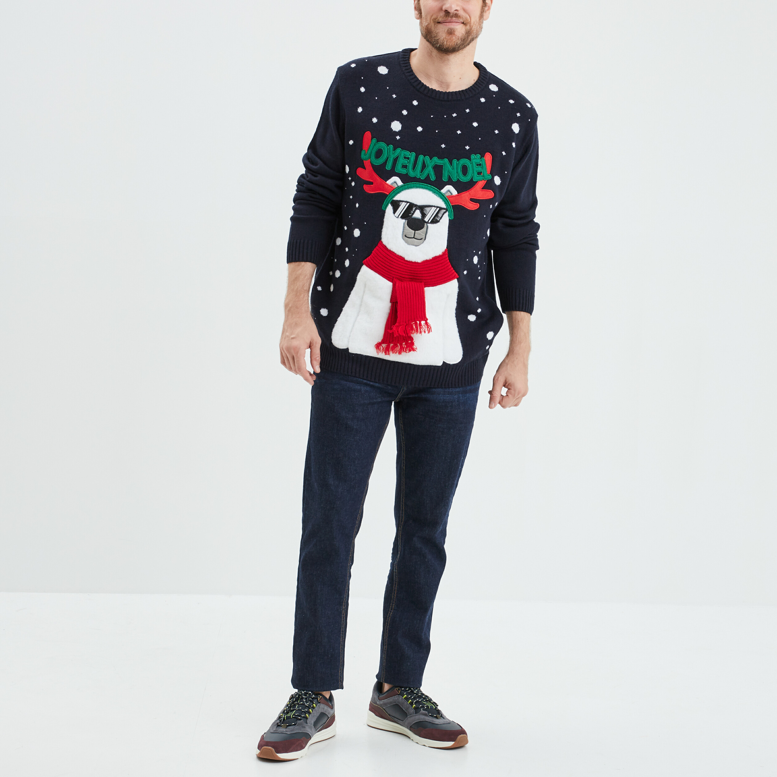 Pull de Noël détails fausse fourrure bleu marine homme