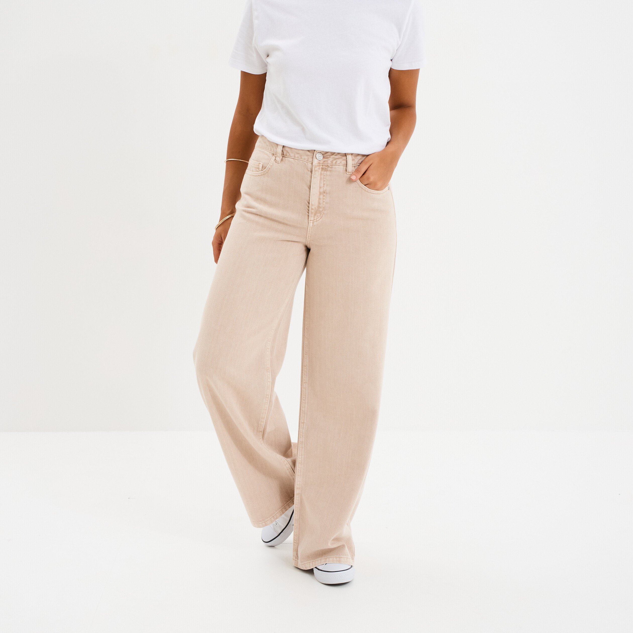 jeans large taille haute coton sable femme Jeans large taille haute coton sable femme