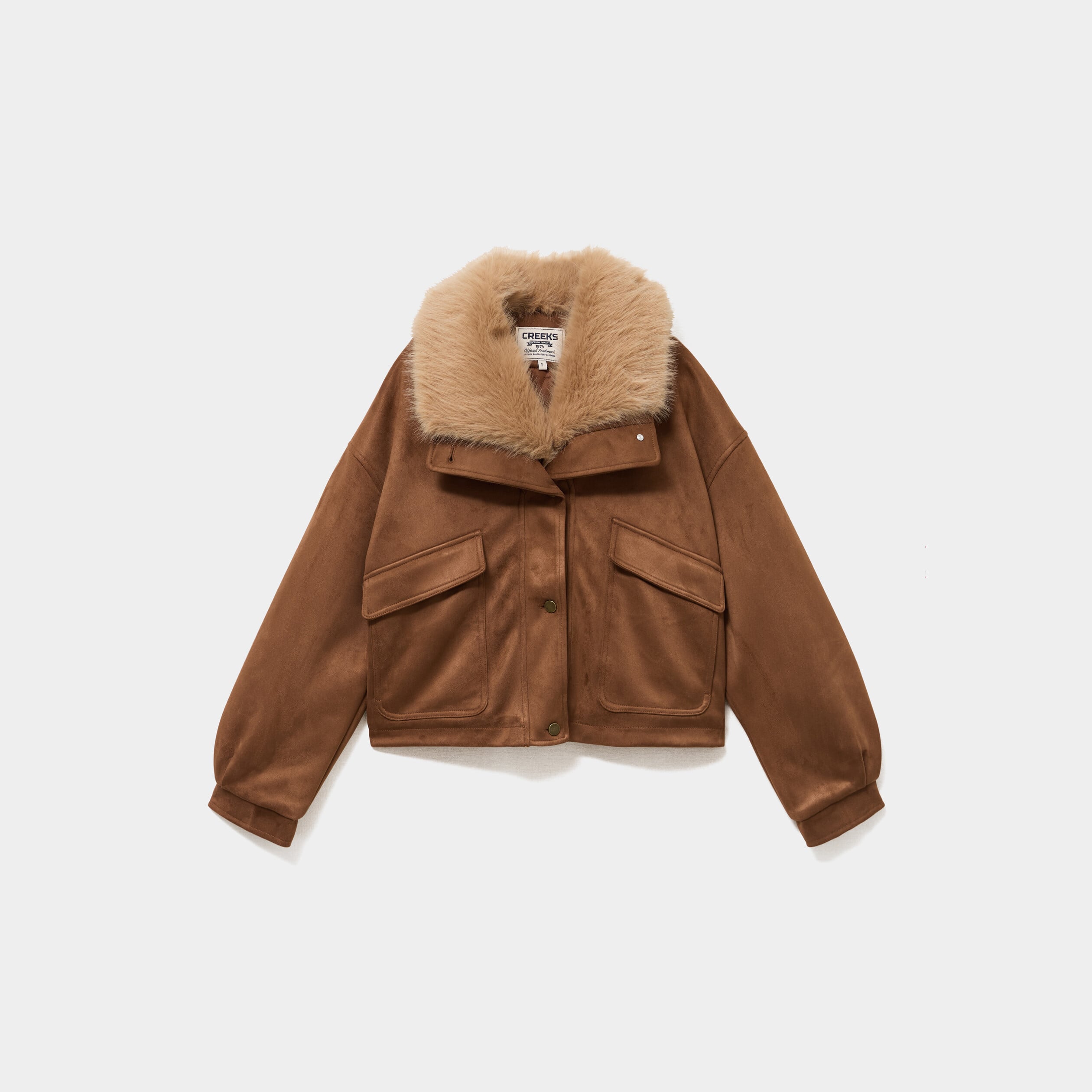 Veste effet su&eacute;dine col fausse fourrure marron femme