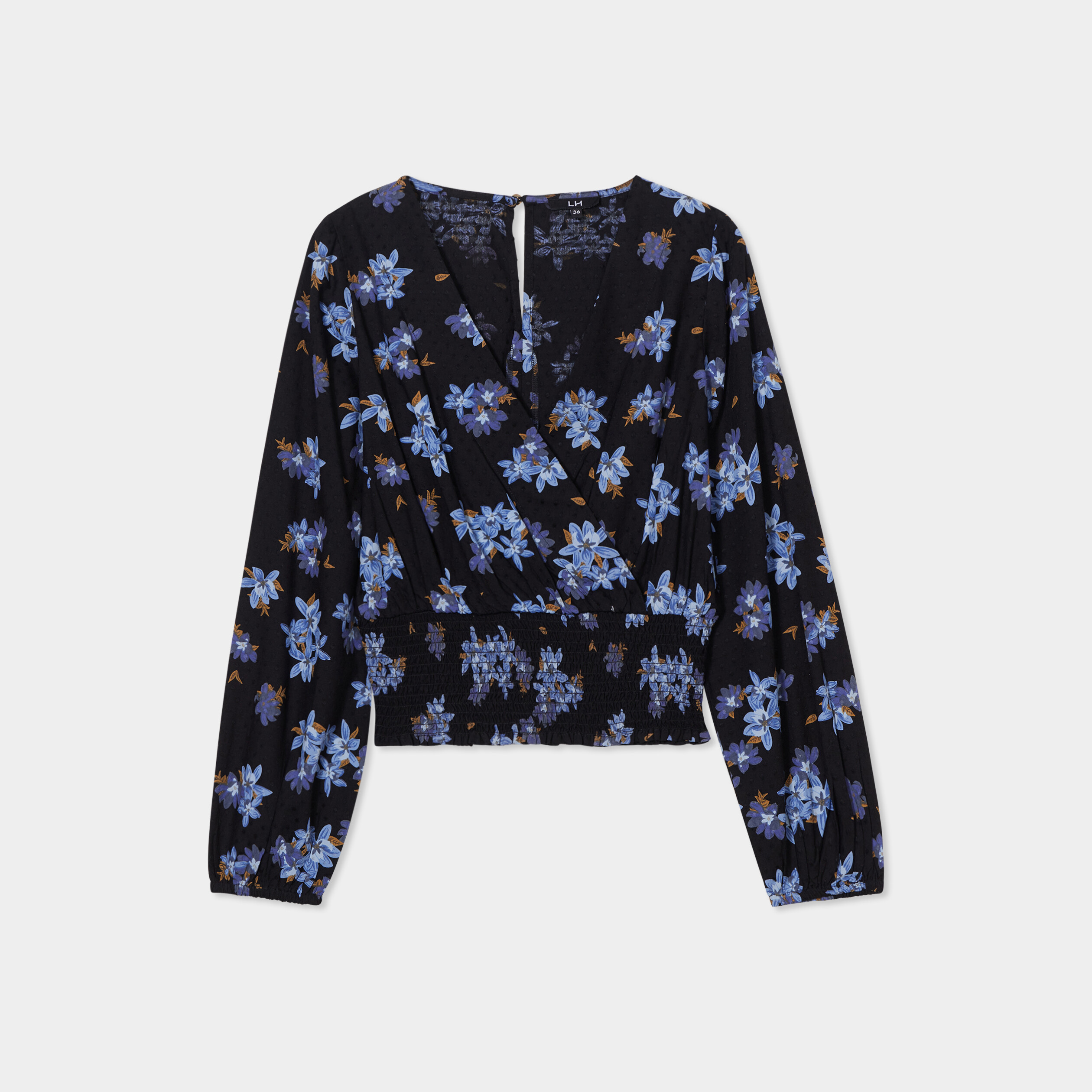 blouse cache coeur taille smockee noir femme Blouse cache-coeur taille smockée noir femme