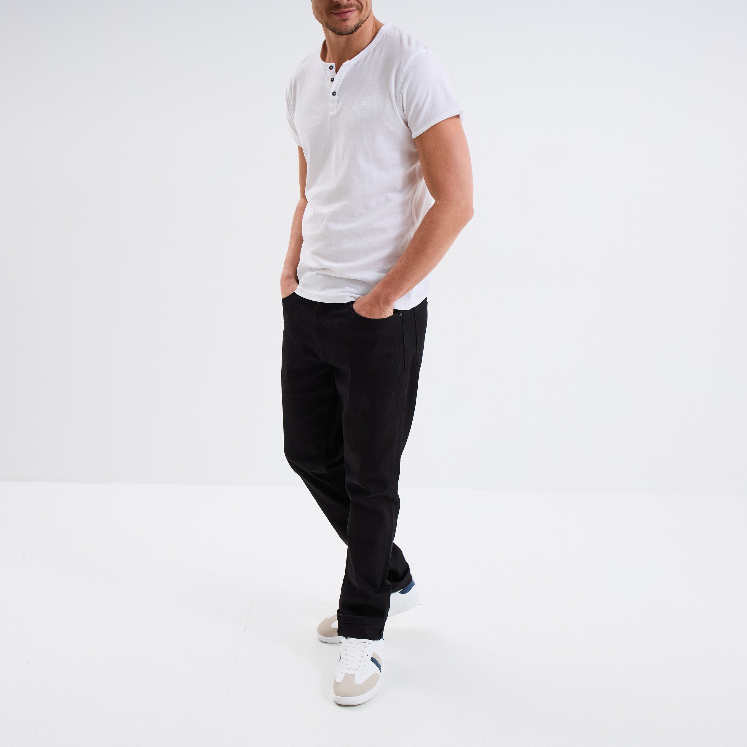 t shirt col tunisien manches courtes blanc homme T-shirt col tunisien manches courtes blanc homme