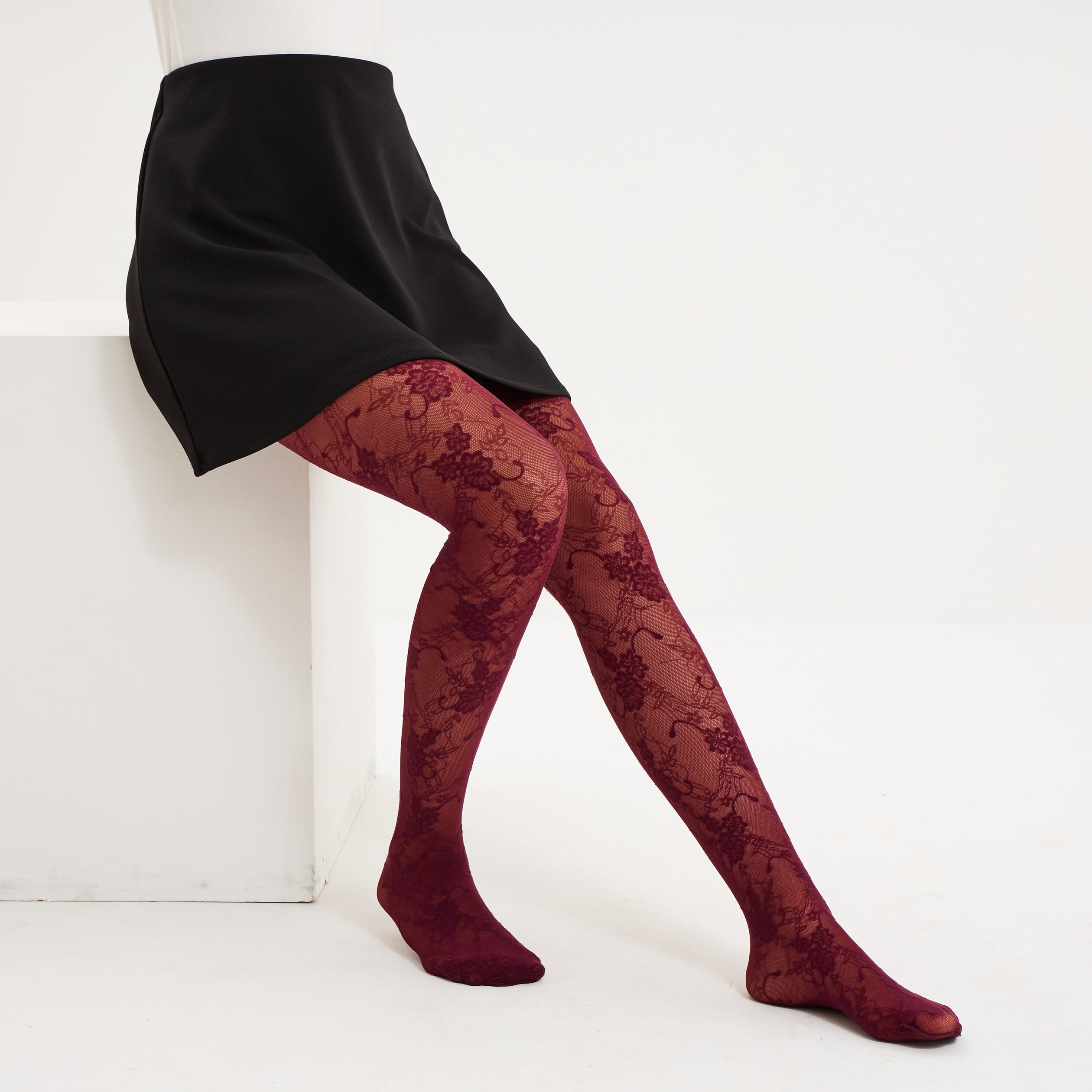 Collants 20D effet dentelle bordeaux femme