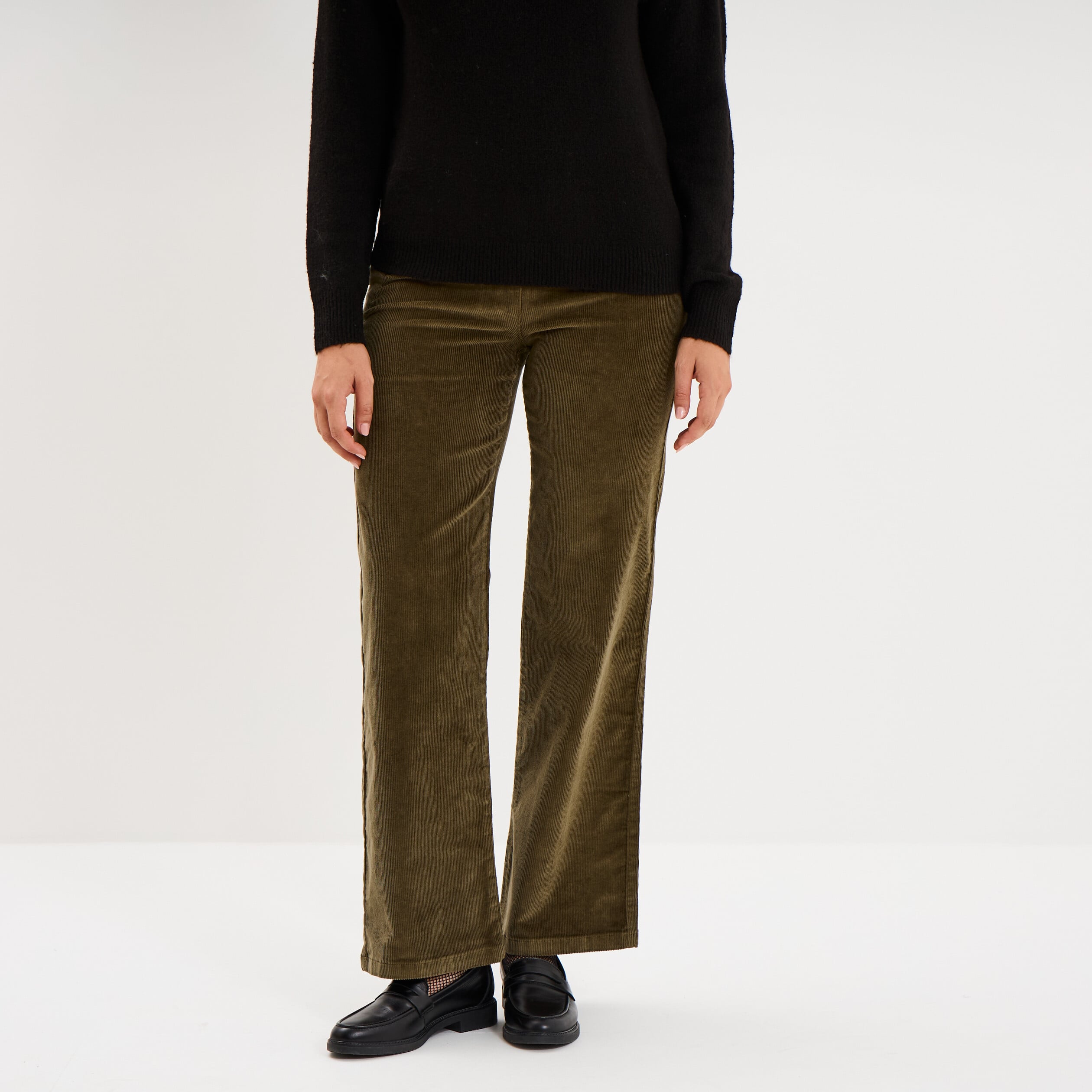 Pantalon &agrave; pont velours 7/8&egrave;me vert kaki femme