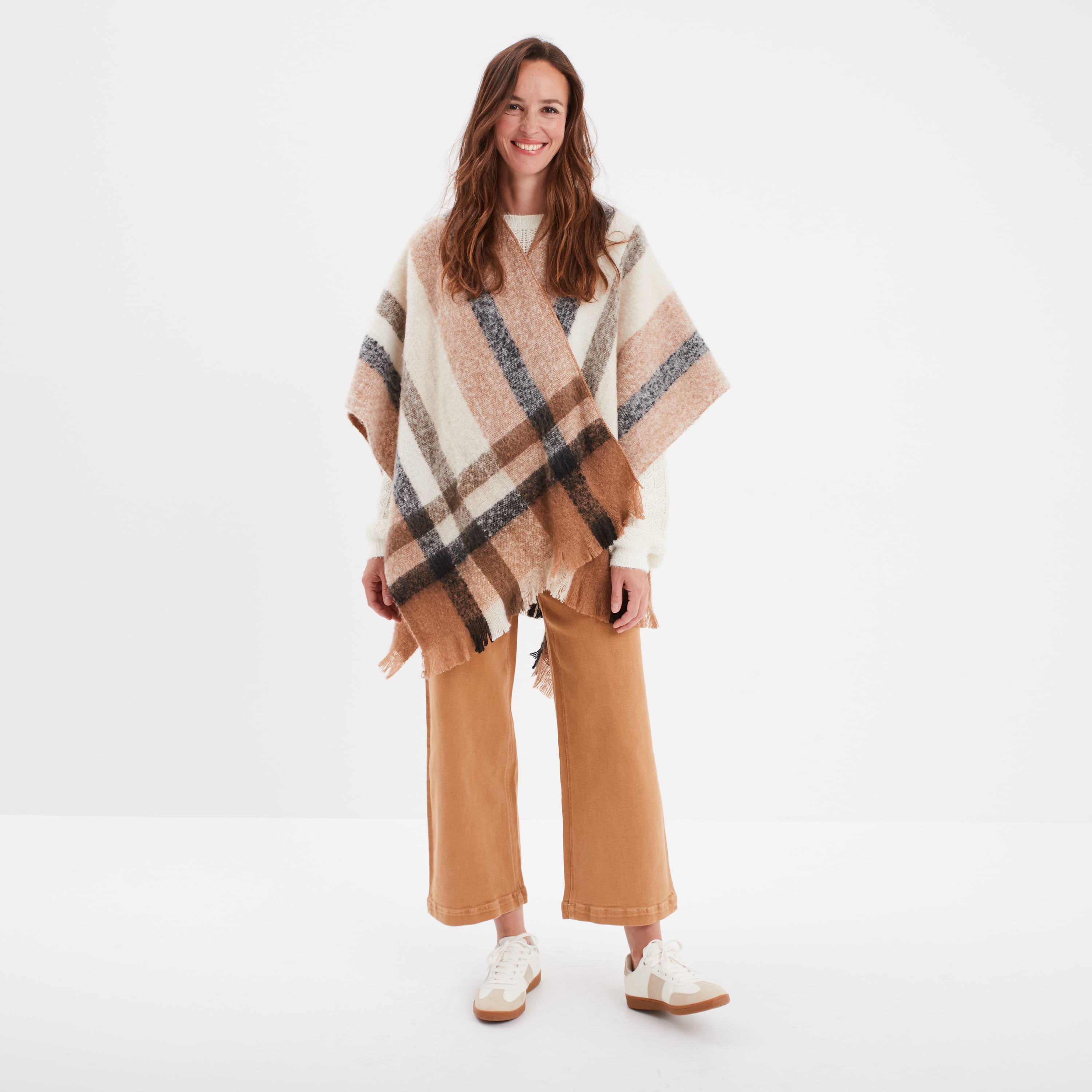Poncho avec franges marron femme