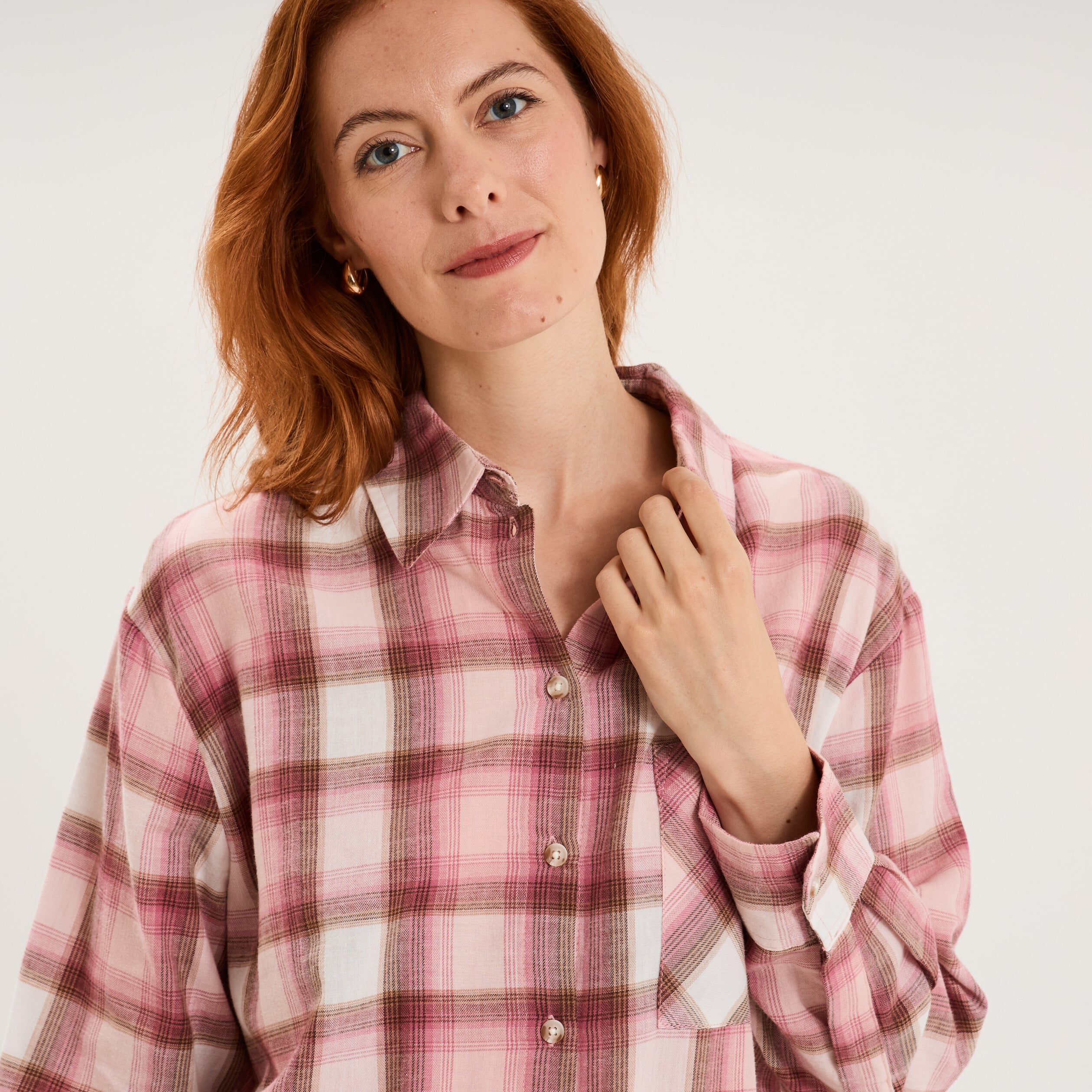 Chemise manches longues coton rose poudr&eacute;e femme