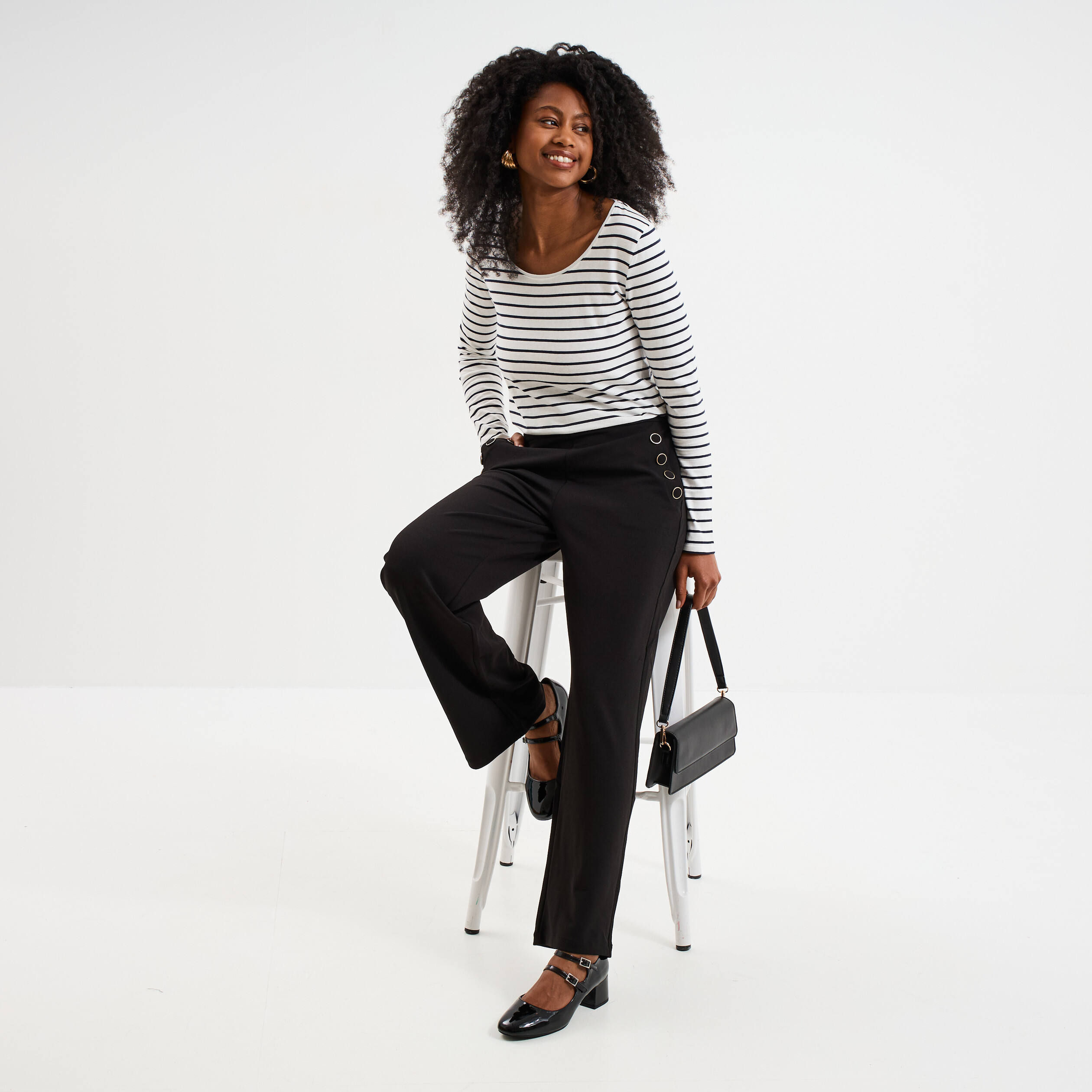 Pantalon droit &agrave; pont taille &eacute;lastiqu&eacute;e noir femme