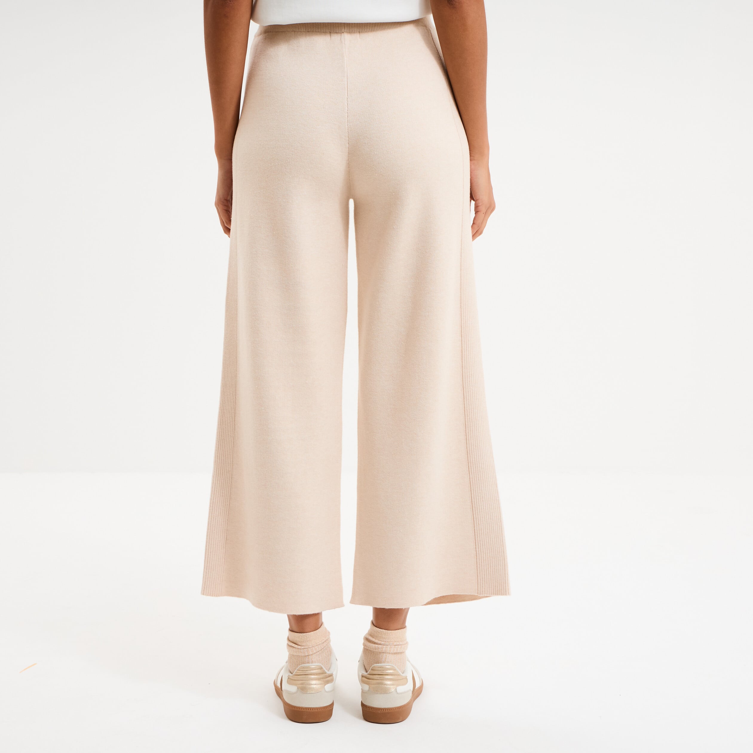 Pantalon tricot taille &eacute;lastiqu&eacute;e beige femme
