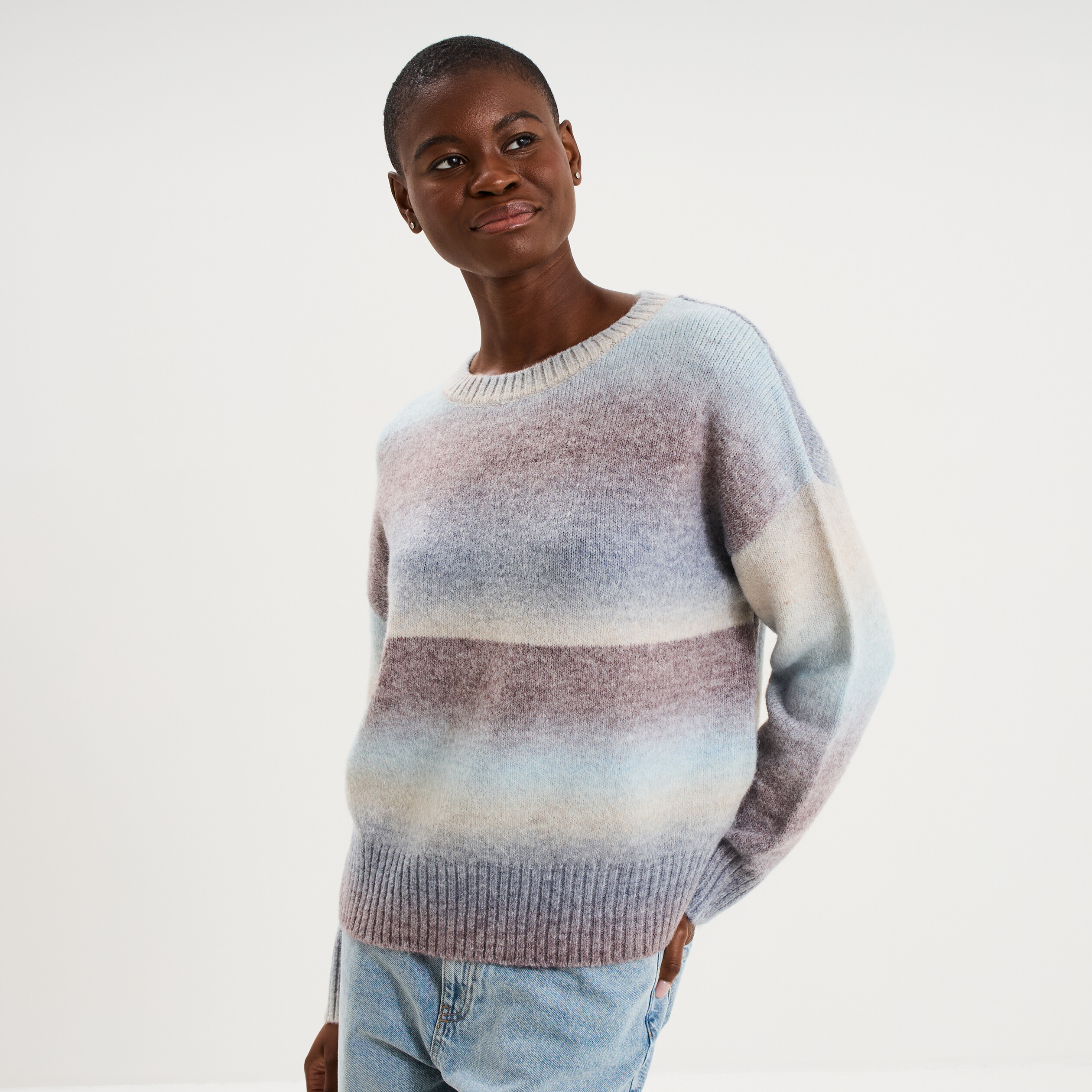 Pull droit col rond manches longues bleu ciel femme