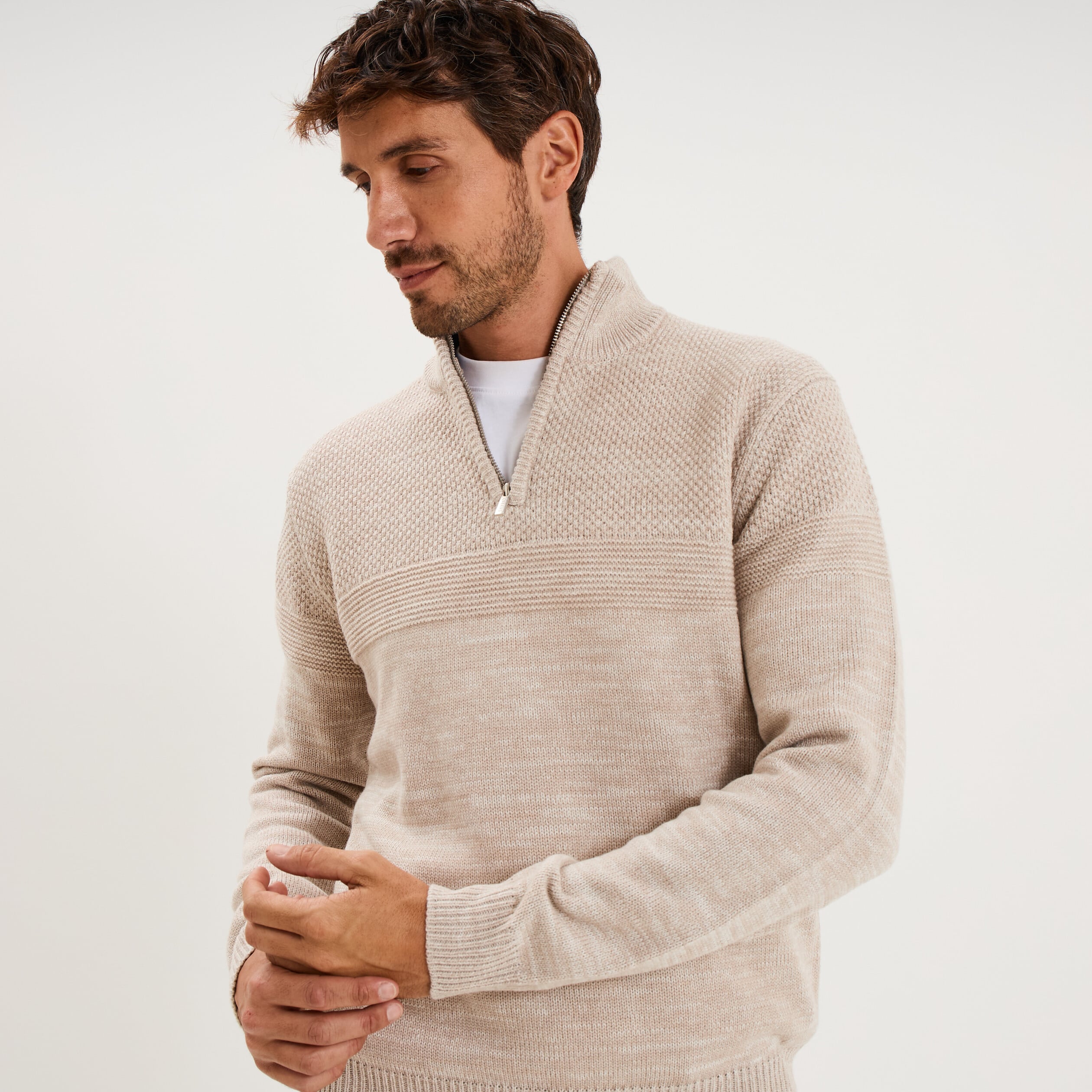 Pull col camionneur manches longues gris clair homme