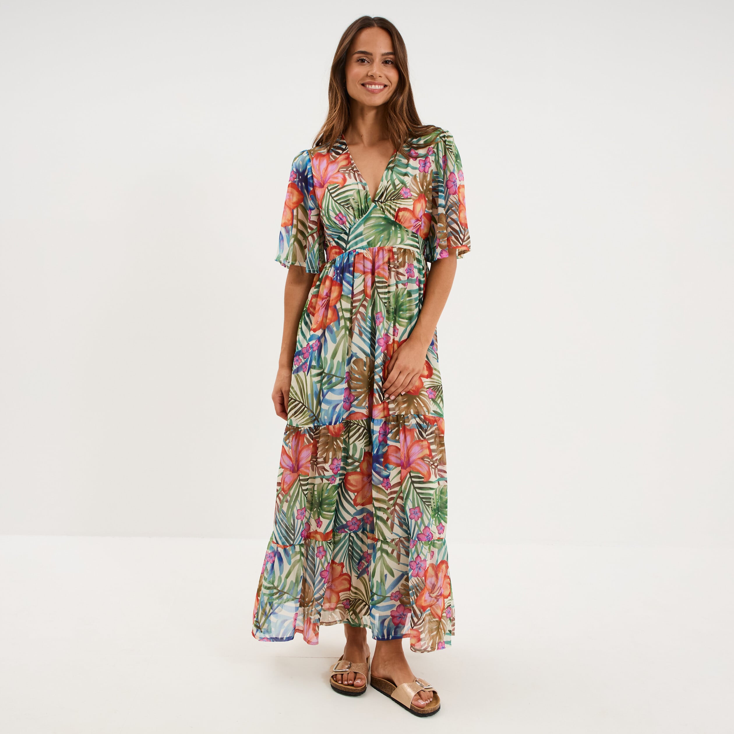 Robe longue bas volants col en V multicolore femme