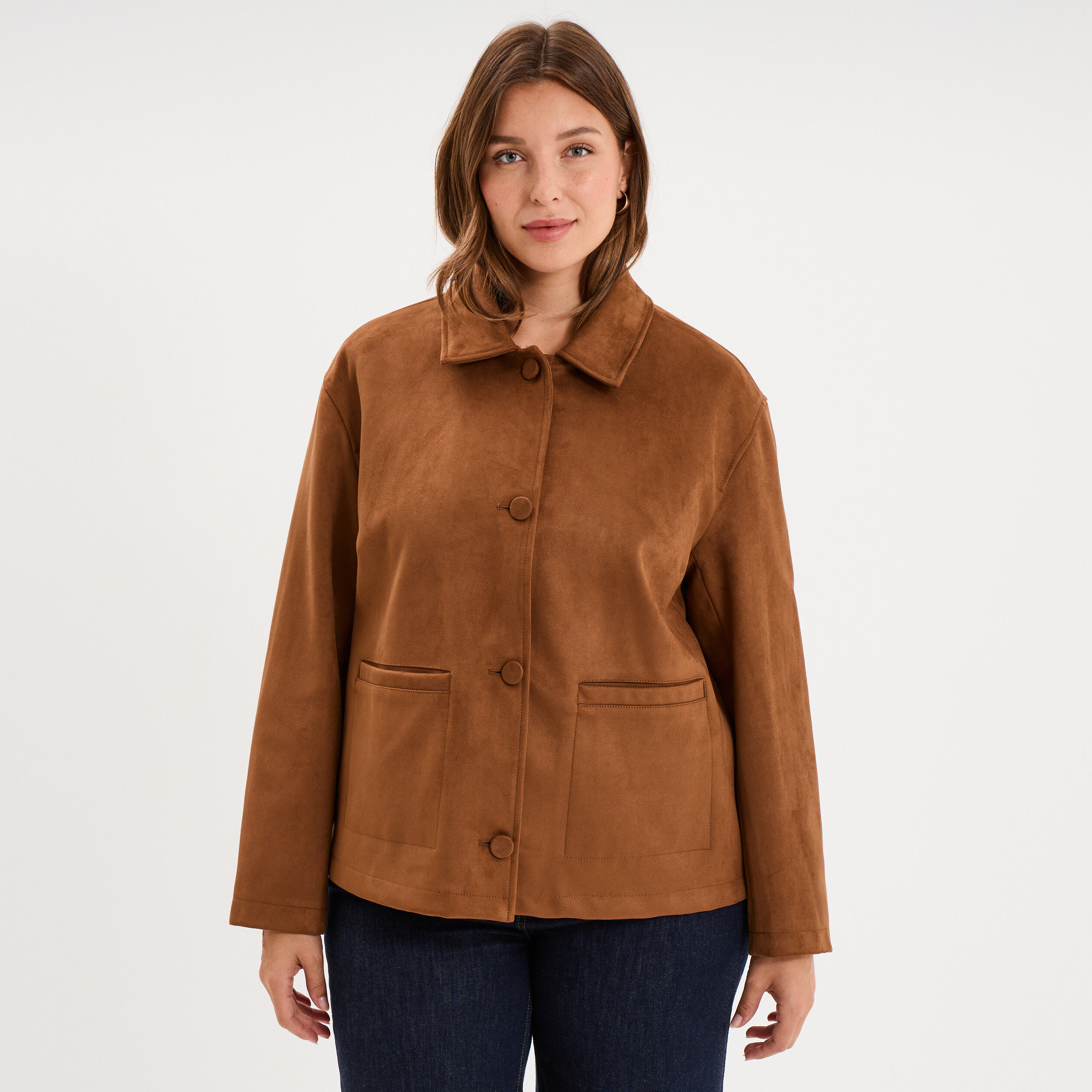 Veste effet su&eacute;dine boutonn&eacute;e marron clair femme grande taille