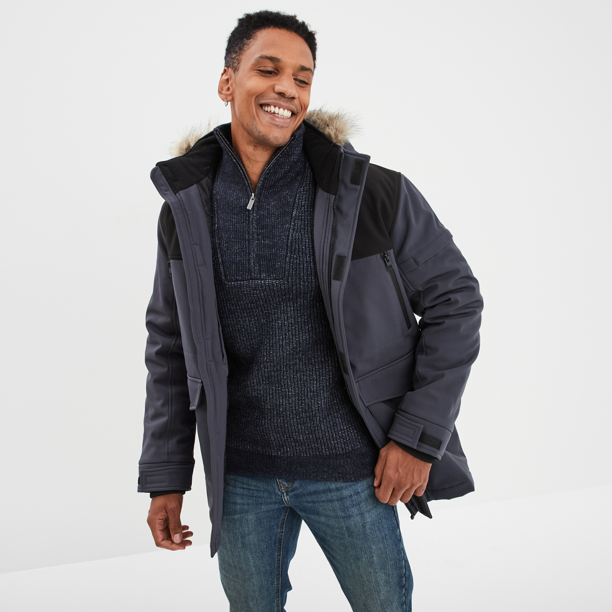 Parka avec capuche fourrure amovible bleu fonce homme La Halle