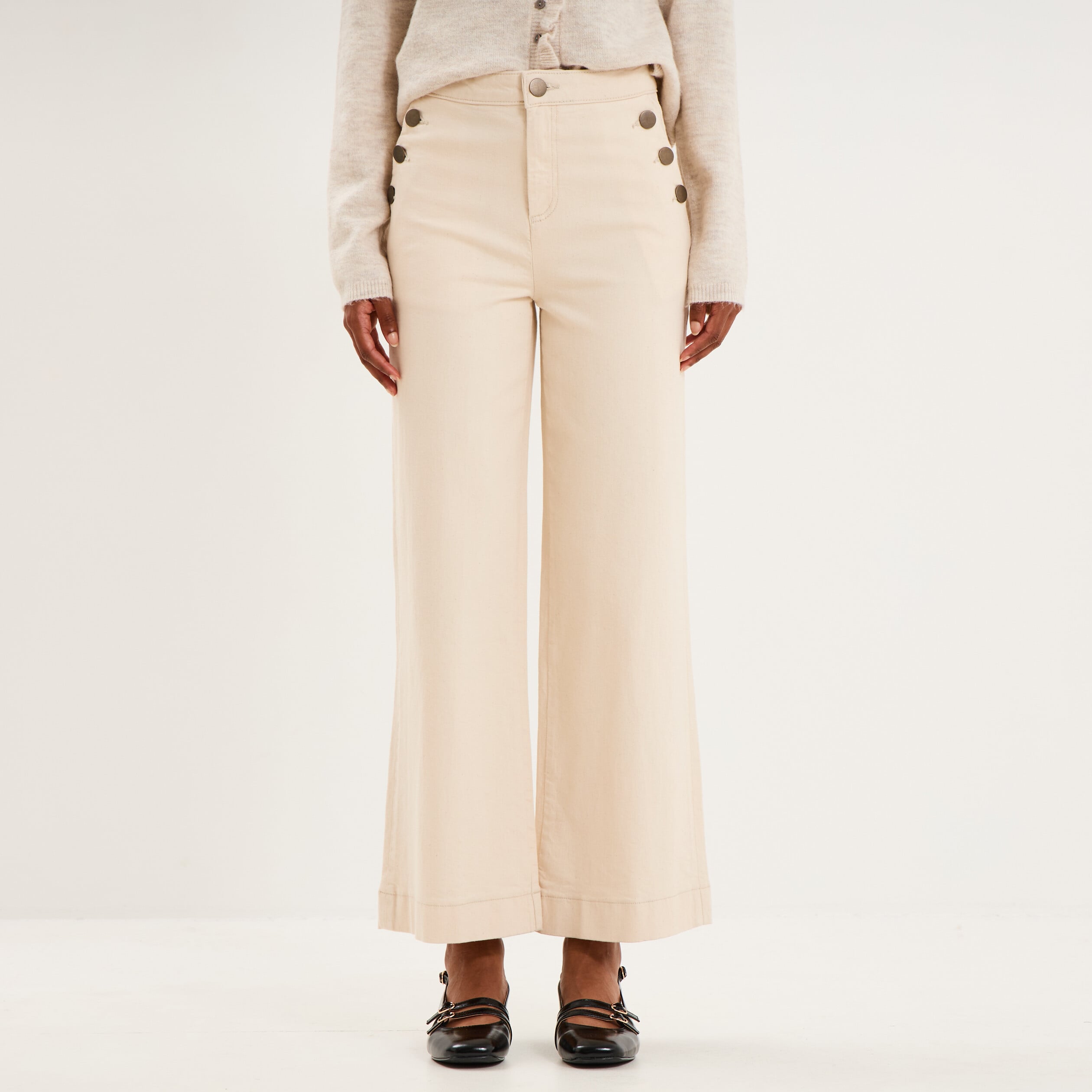 Pantalon wide leg cropped &agrave; boutons ivoire femme