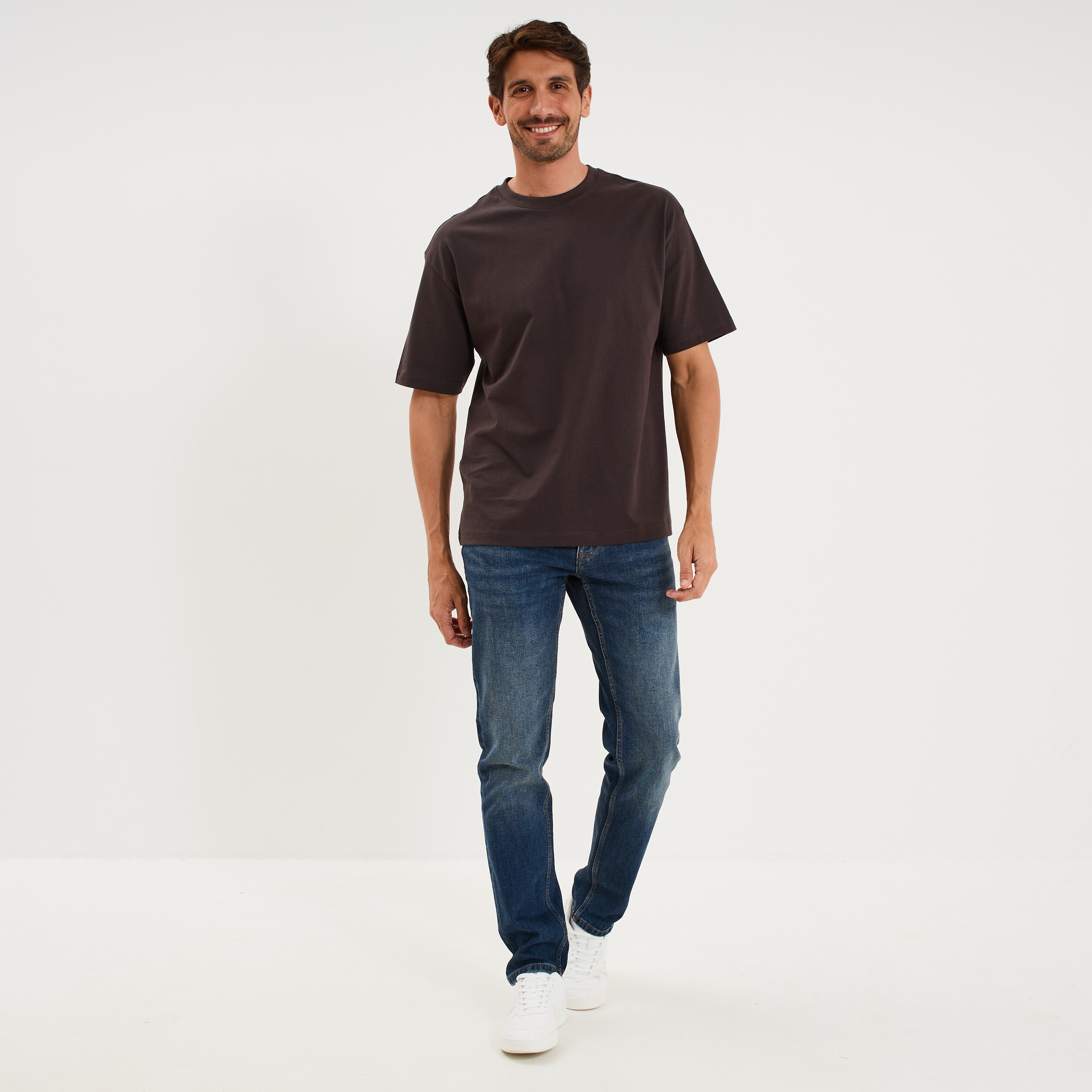 T-shirt col rond coupe relax coton &eacute;pais marron fonc&eacute; homme