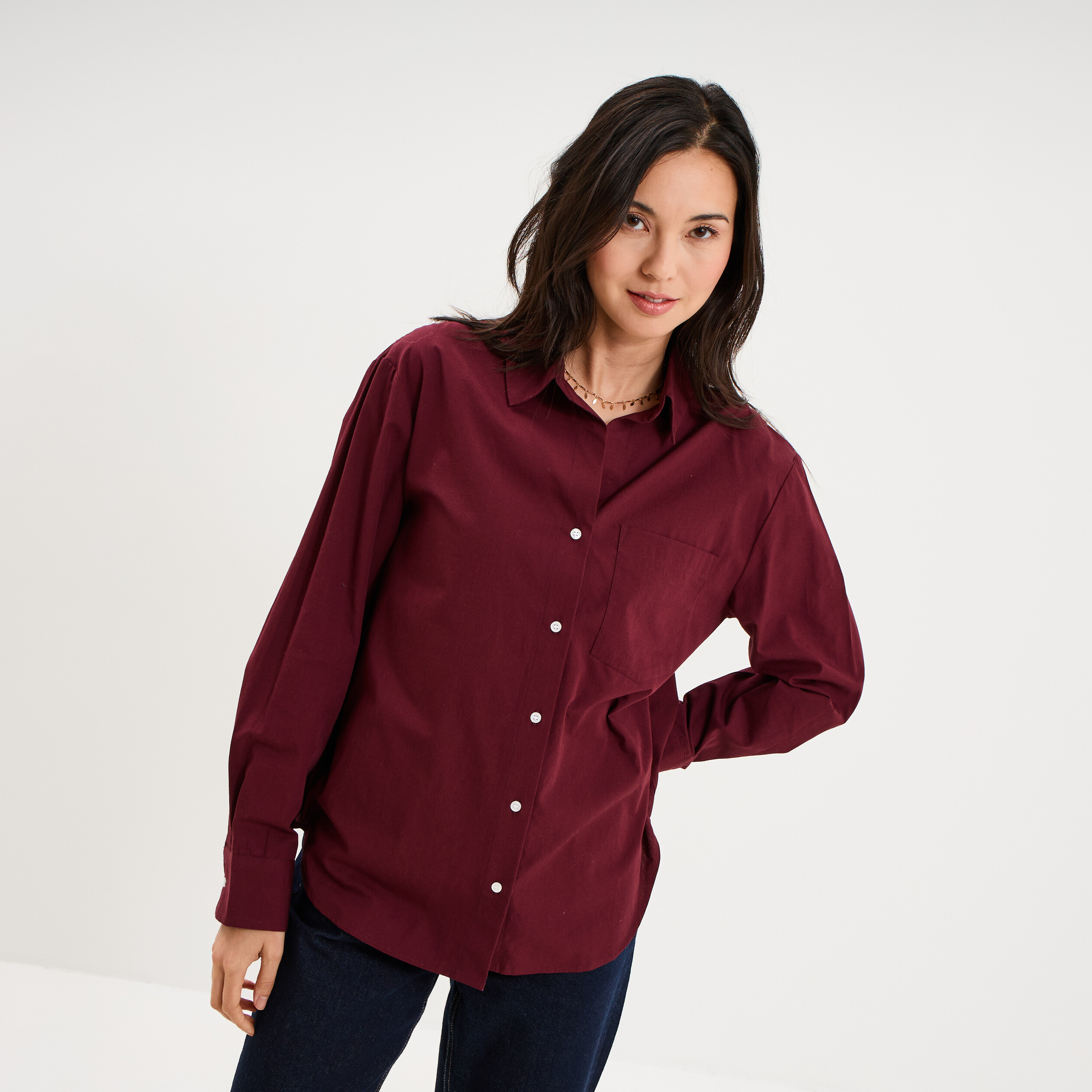 Chemise oversize 1 poche coton violet fonc&eacute; femme