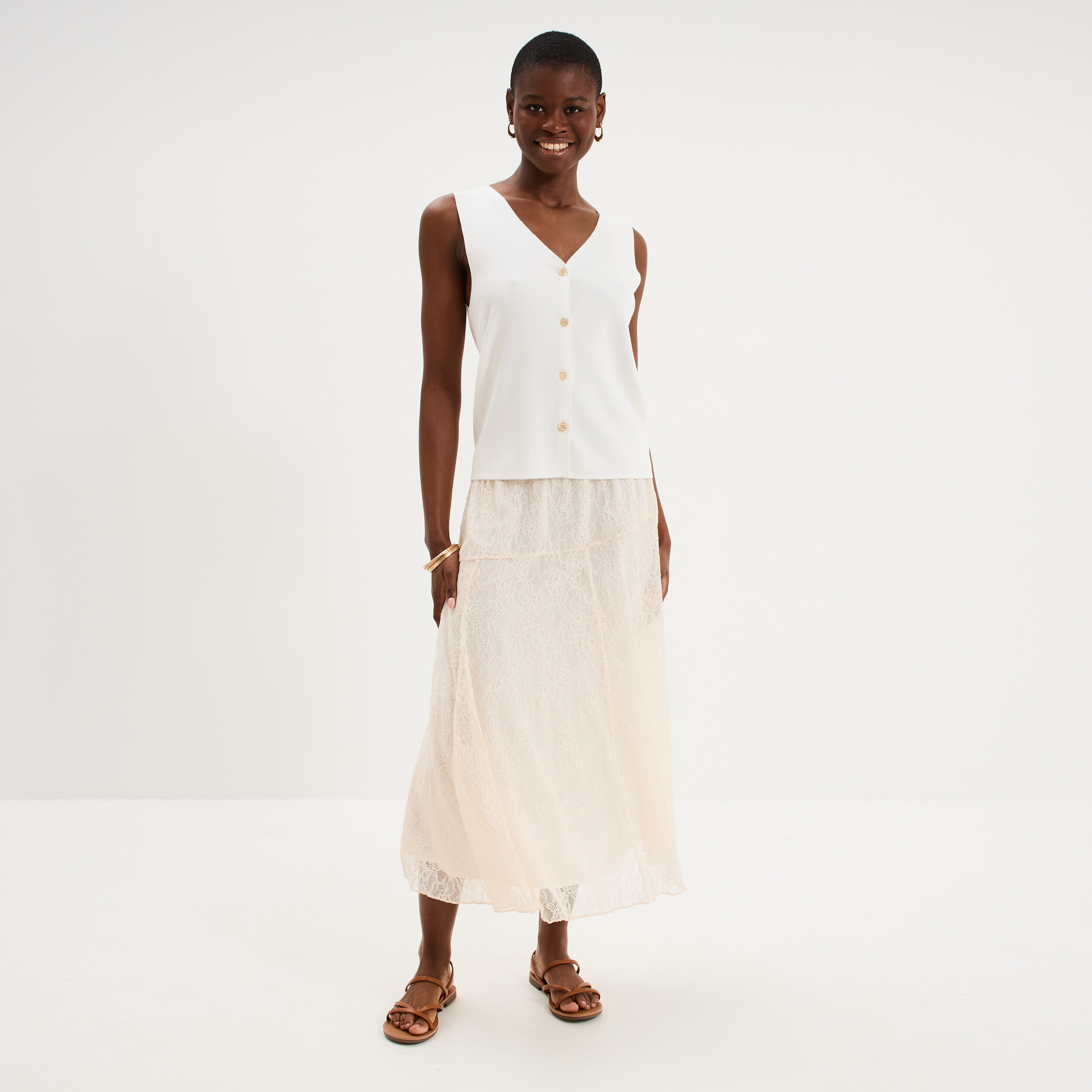 Jupe longue en dentelle ivoire femme