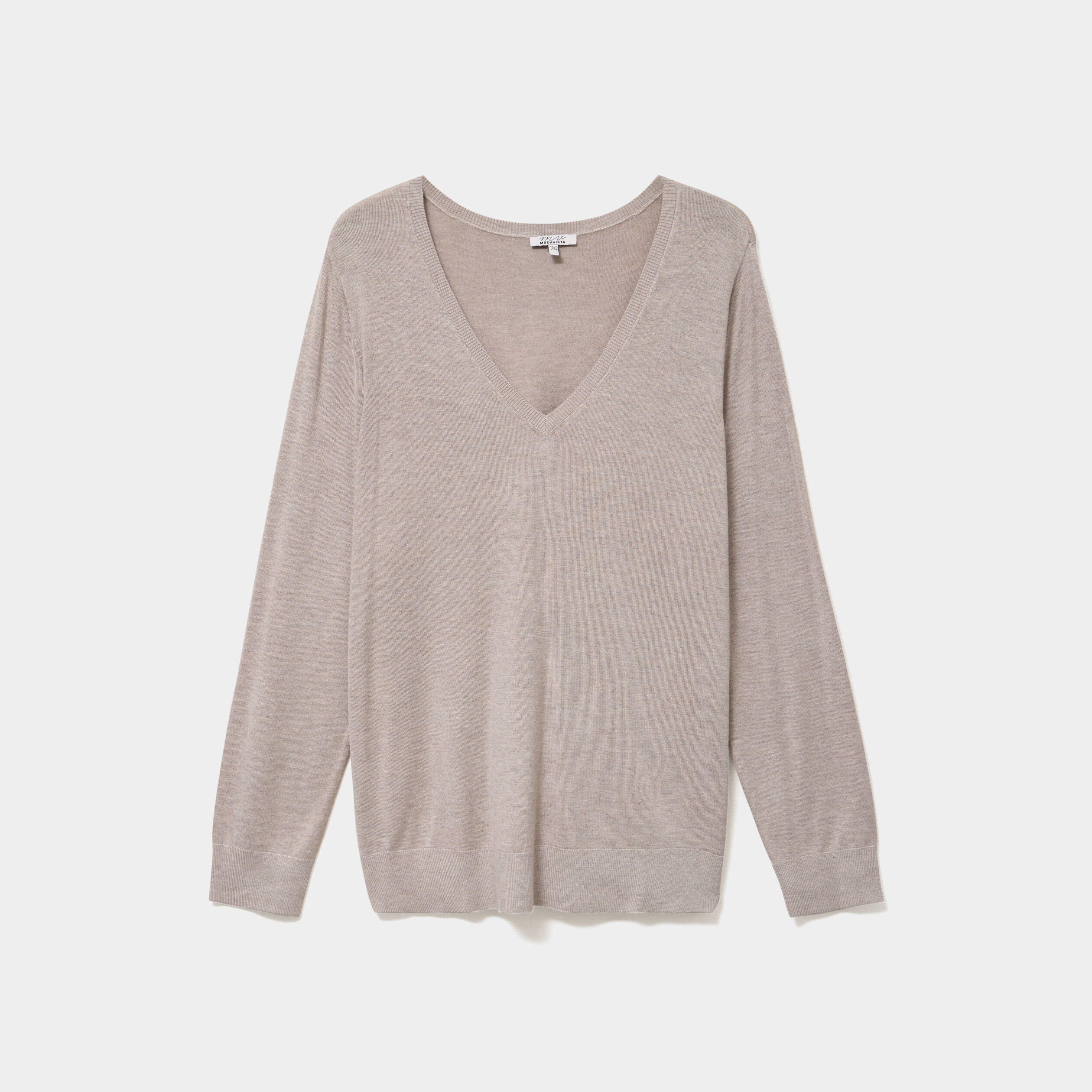 Pull fin col en V manches longues beige femme grande taille