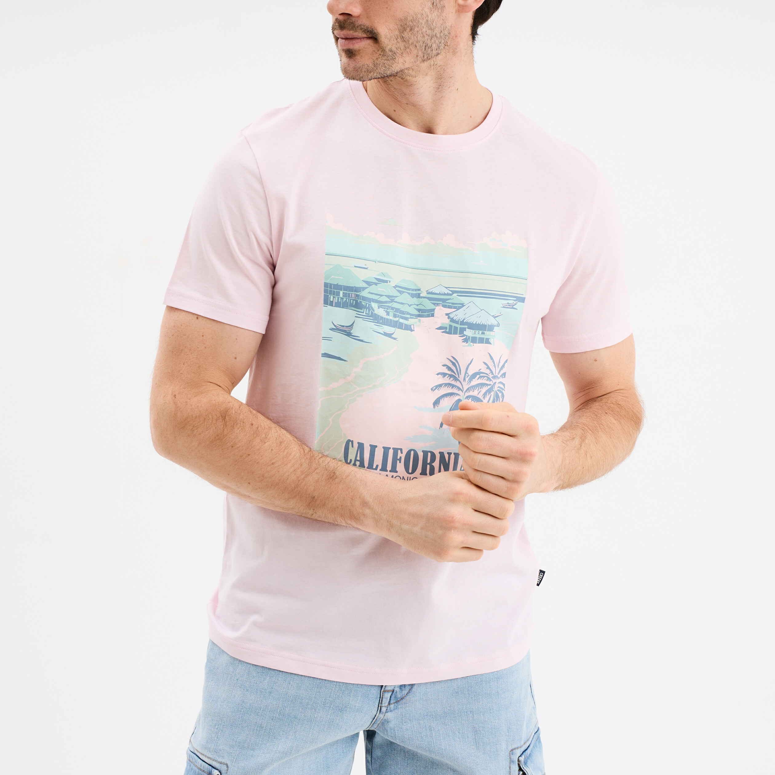 t shirt col rond manches courtes coton rose clair homme T-shirt col rond manches courtes coton rose clair homme