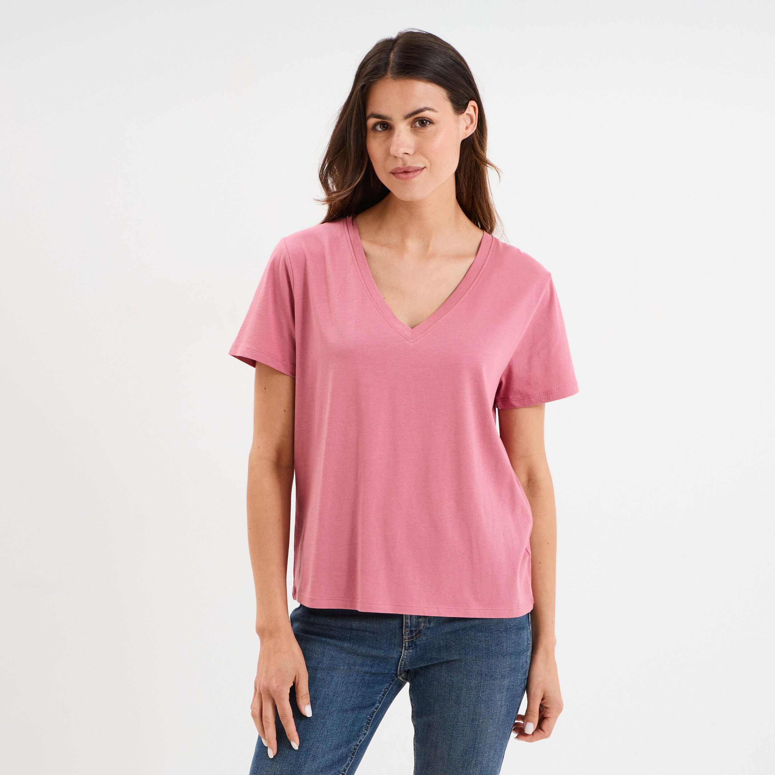 t shirt manches courtes col en v coton vieux rose femme T-shirt manches courtes col en V coton vieux rose femme
