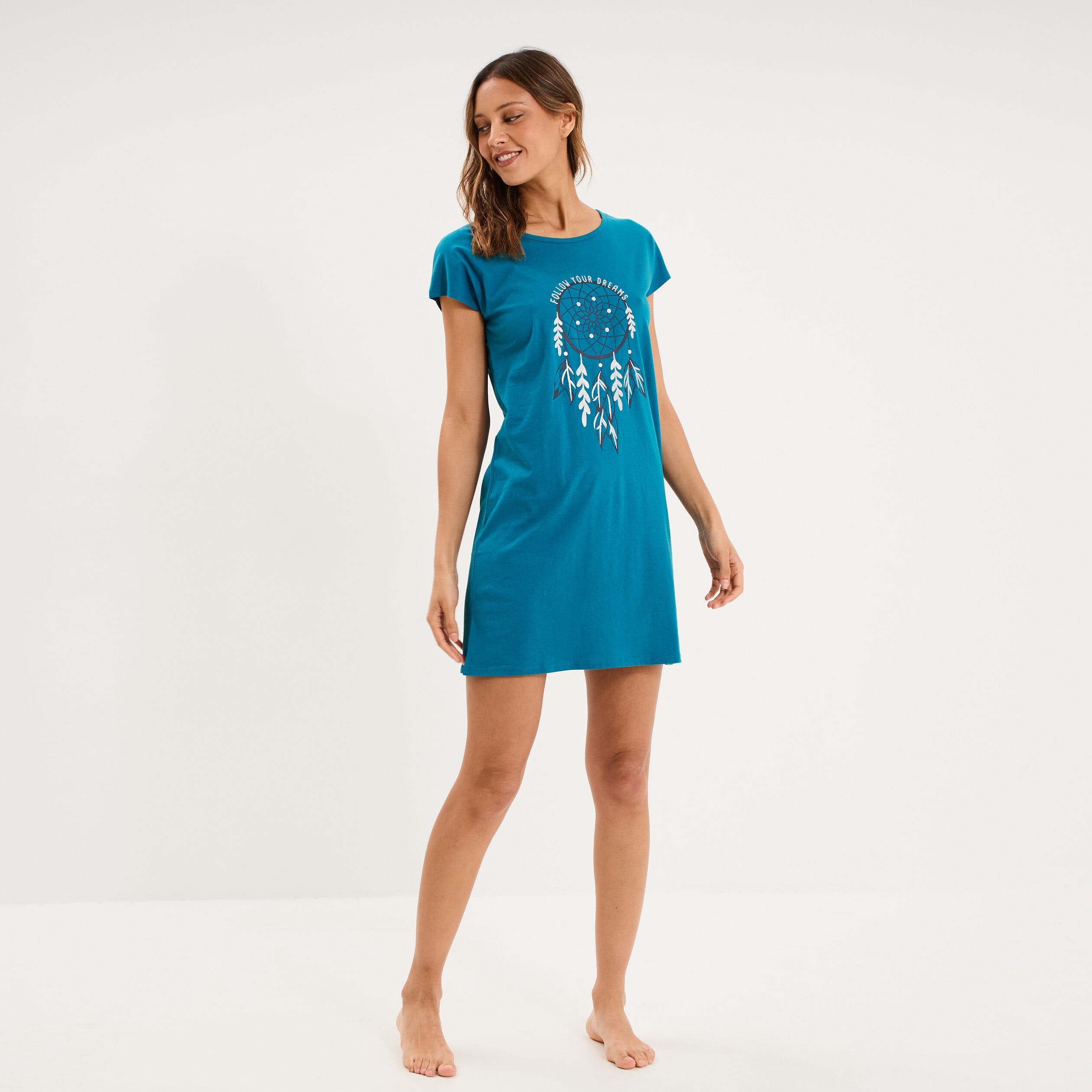 Chemise de nuit courte col rond bleu canard femme